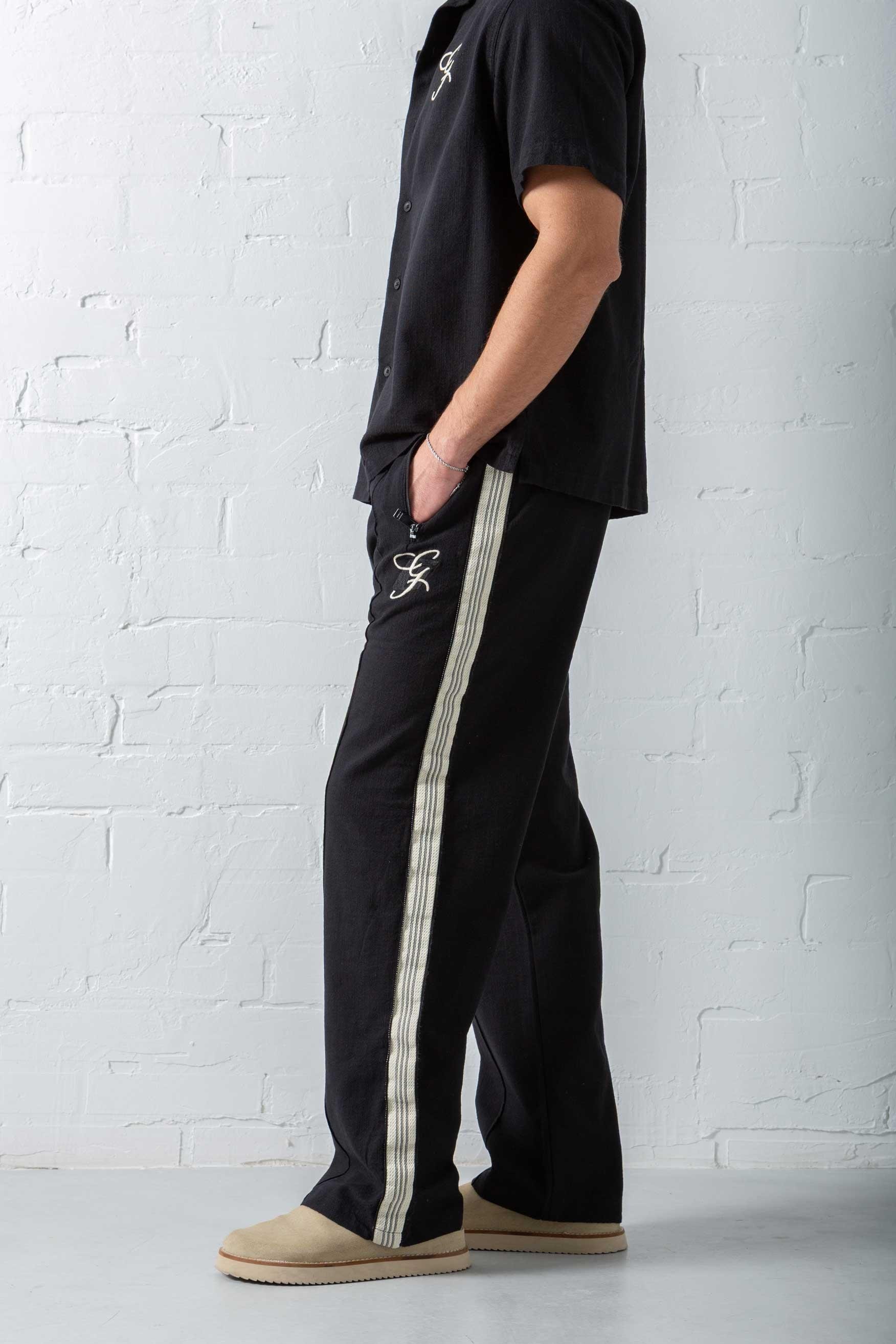 Erkek Keten Görünümlü Şeritli Baggy Fit Pantolon Siyah