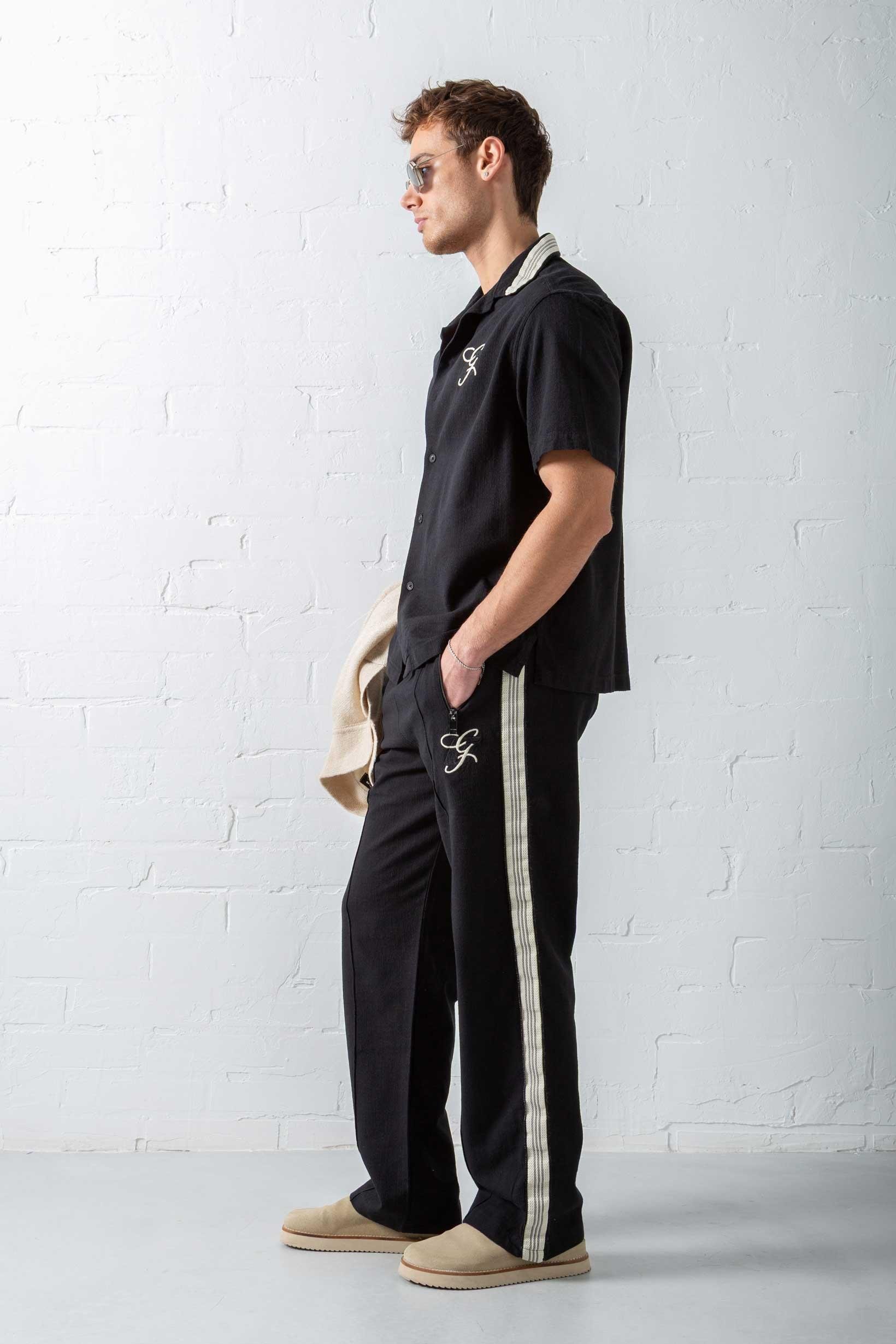 Erkek Keten Görünümlü Şeritli Baggy Fit Pantolon Siyah