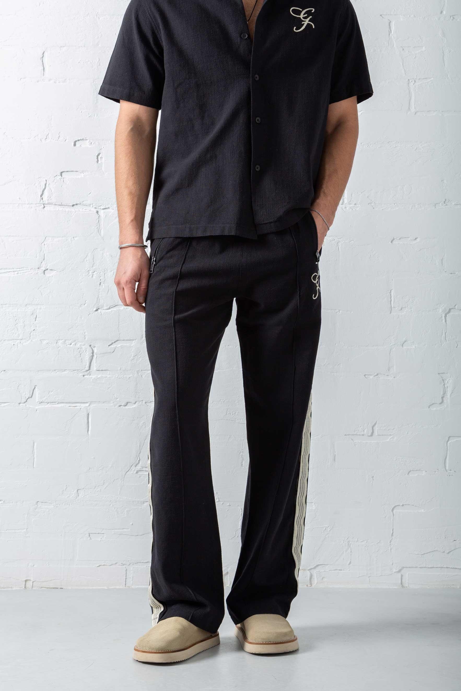 Erkek Keten Görünümlü Şeritli Baggy Fit Pantolon Siyah