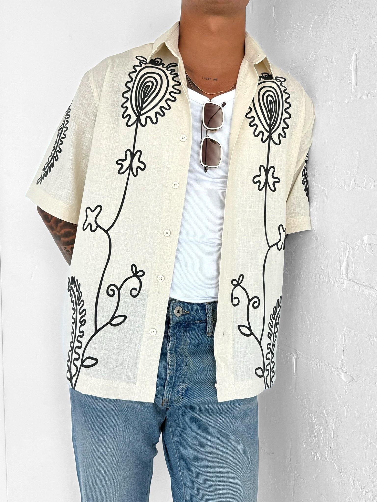 Erkek Keten Karışımlı Desenli Kısa Kollu Oversize Gömlek Bej