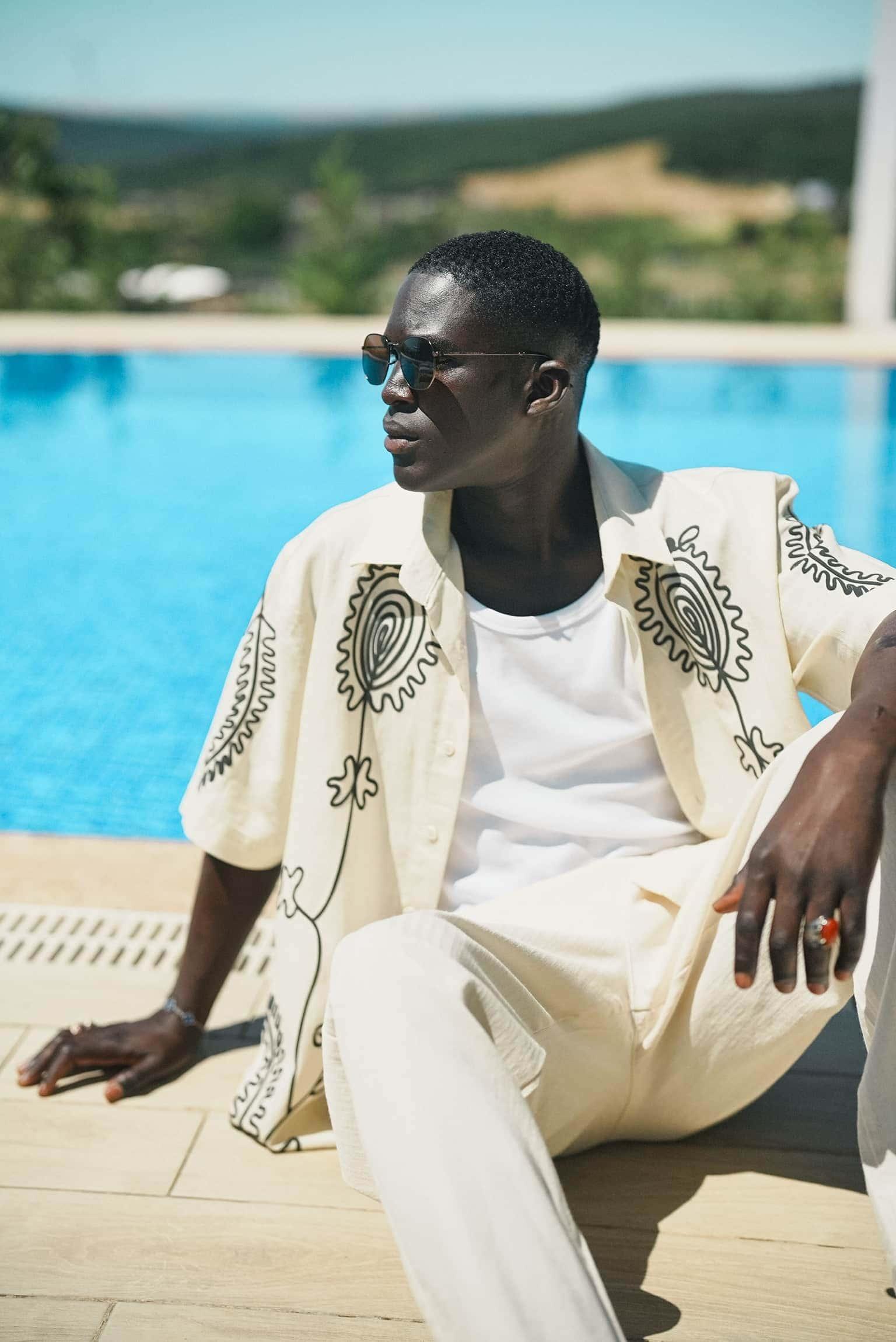 Erkek Keten Karışımlı Desenli Kısa Kollu Oversize Gömlek Bej