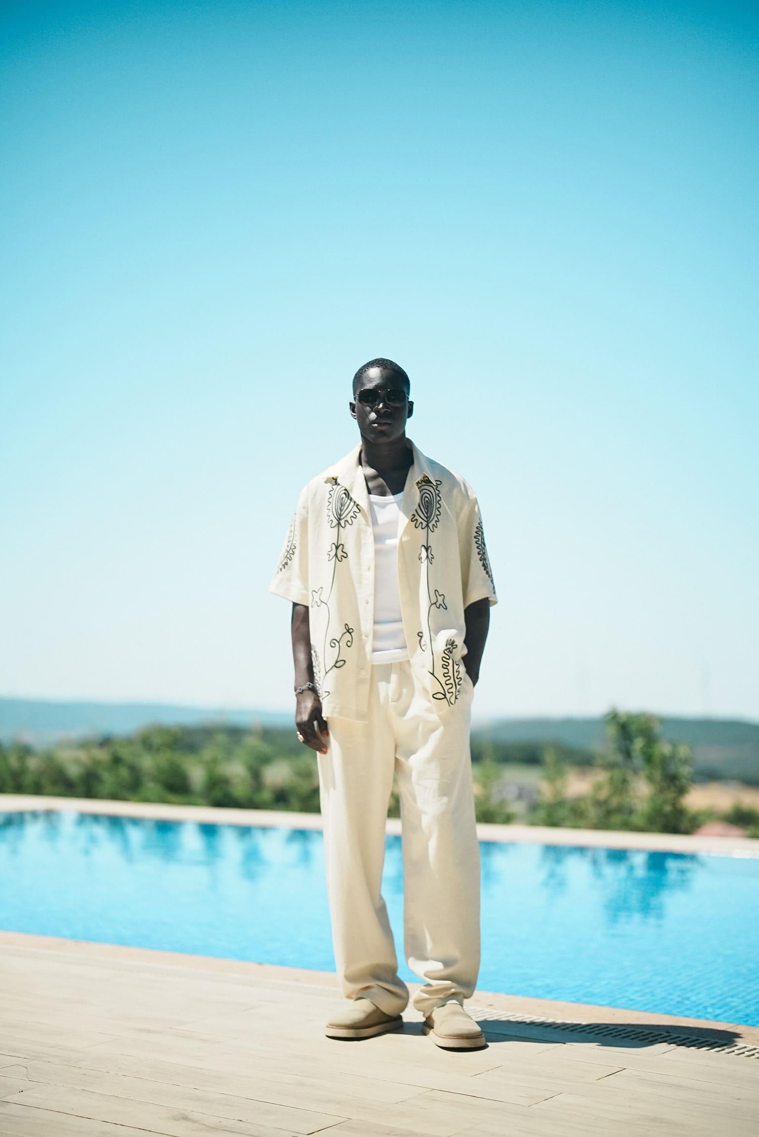 Erkek Keten Karışımlı Desenli Kısa Kollu Oversize Gömlek Bej