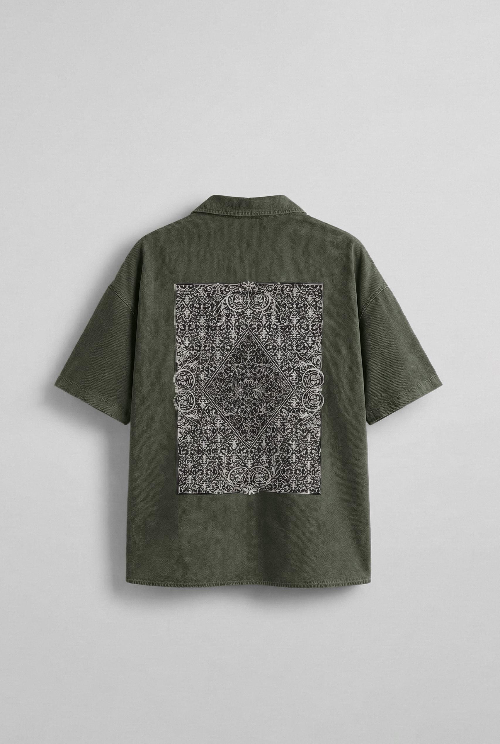 Erkek Kısa Kollu Desen Baskılı Yıkamalı Oversize Gömlek Haki