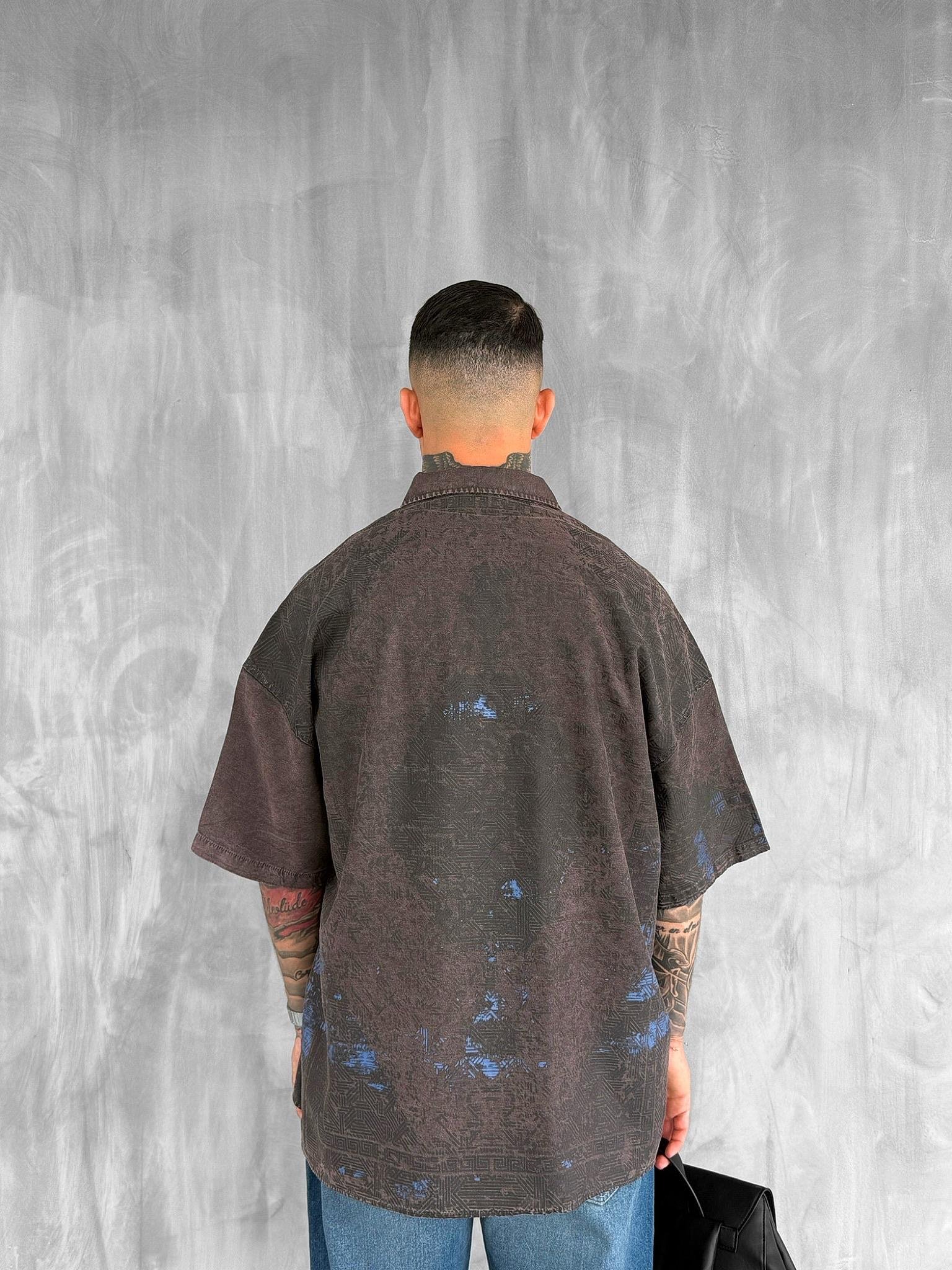 Erkek Kısa Kollu Desenli Oversize Gömlek Kahverengi