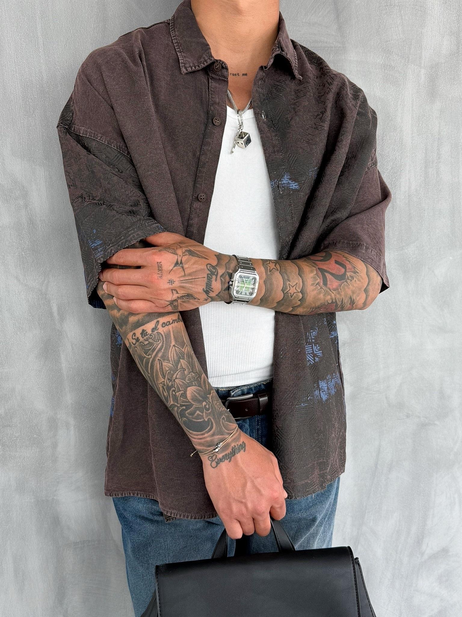 Erkek Kısa Kollu Desenli Oversize Gömlek Kahverengi