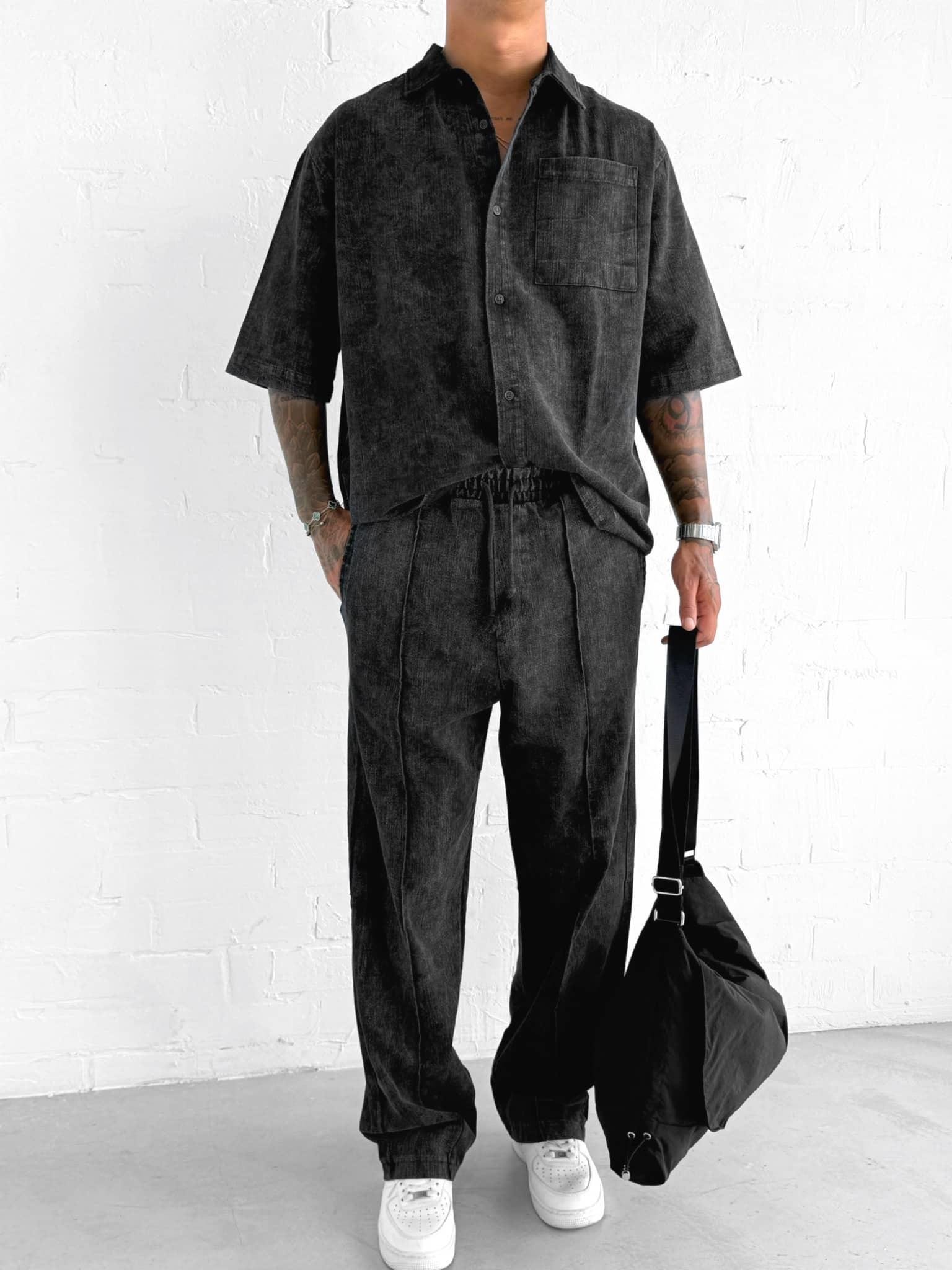 Erkek Kısa Kollu Yıkamalı Oversize Gömlek Siyah