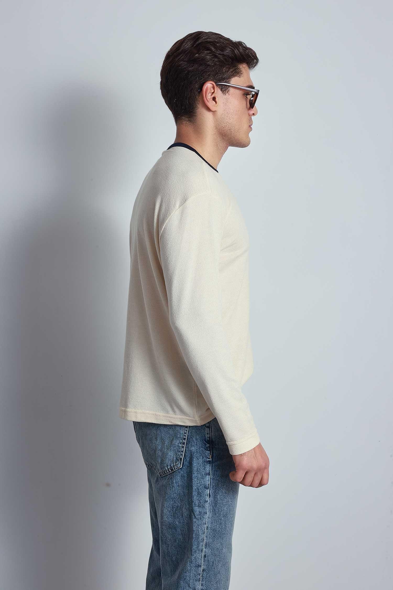 Erkek Kontrast Detaylı Oversize Basic Sweatshirt Krem