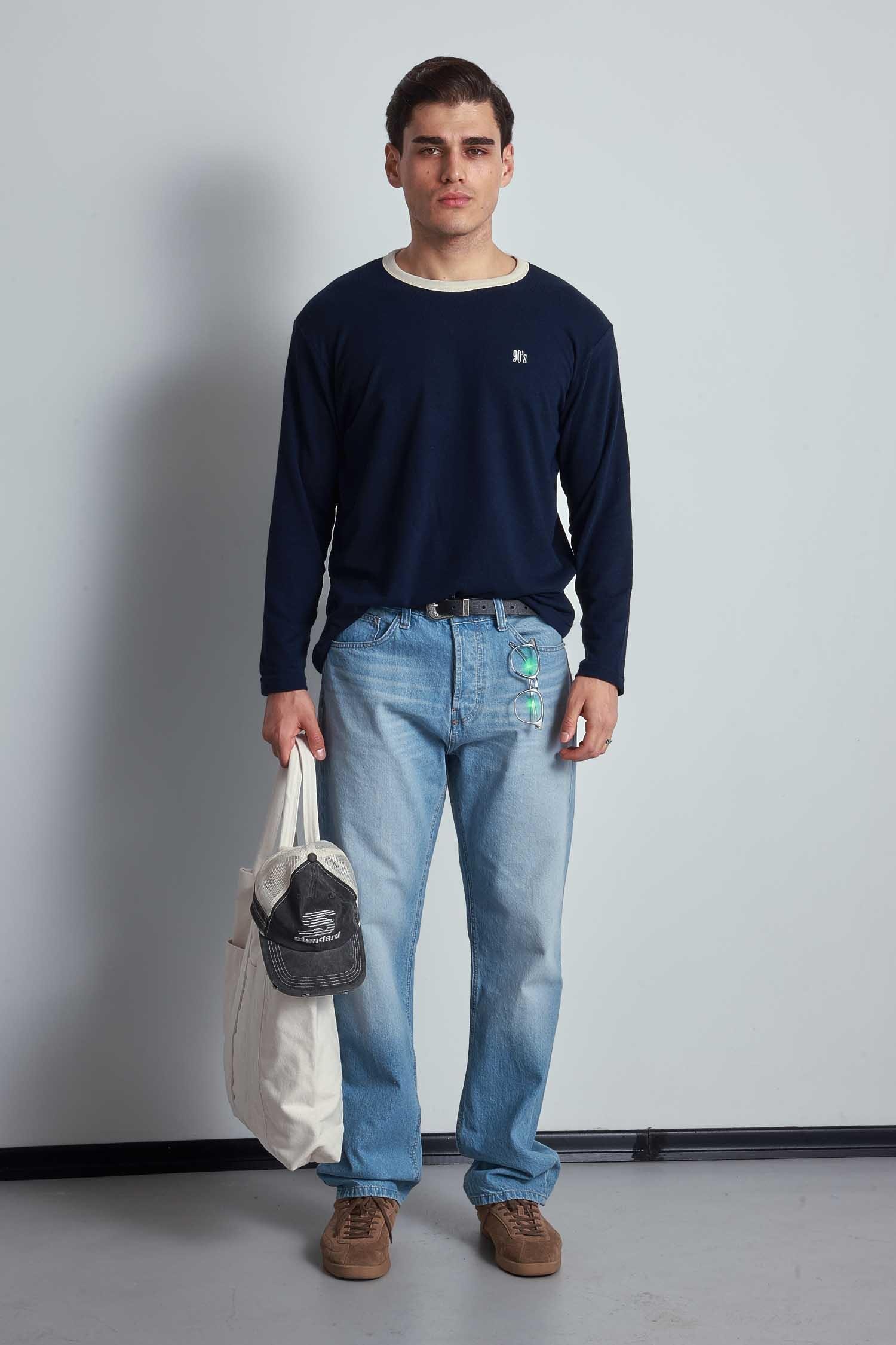 Erkek Kontrast Detaylı Oversize Basic Sweatshirt Lacivert