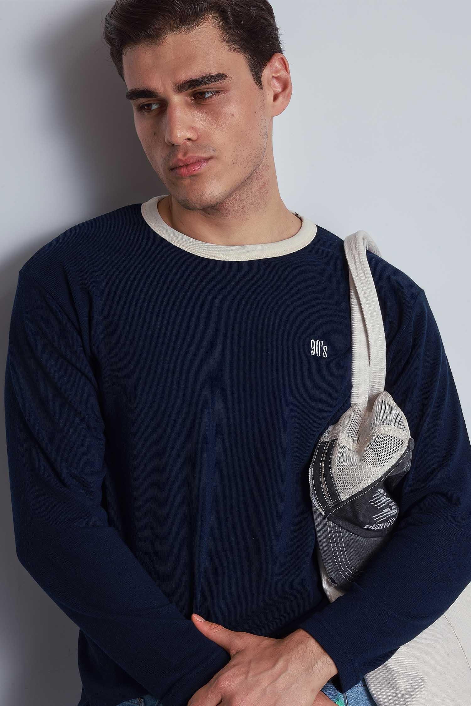 Erkek Kontrast Detaylı Oversize Basic Sweatshirt Lacivert