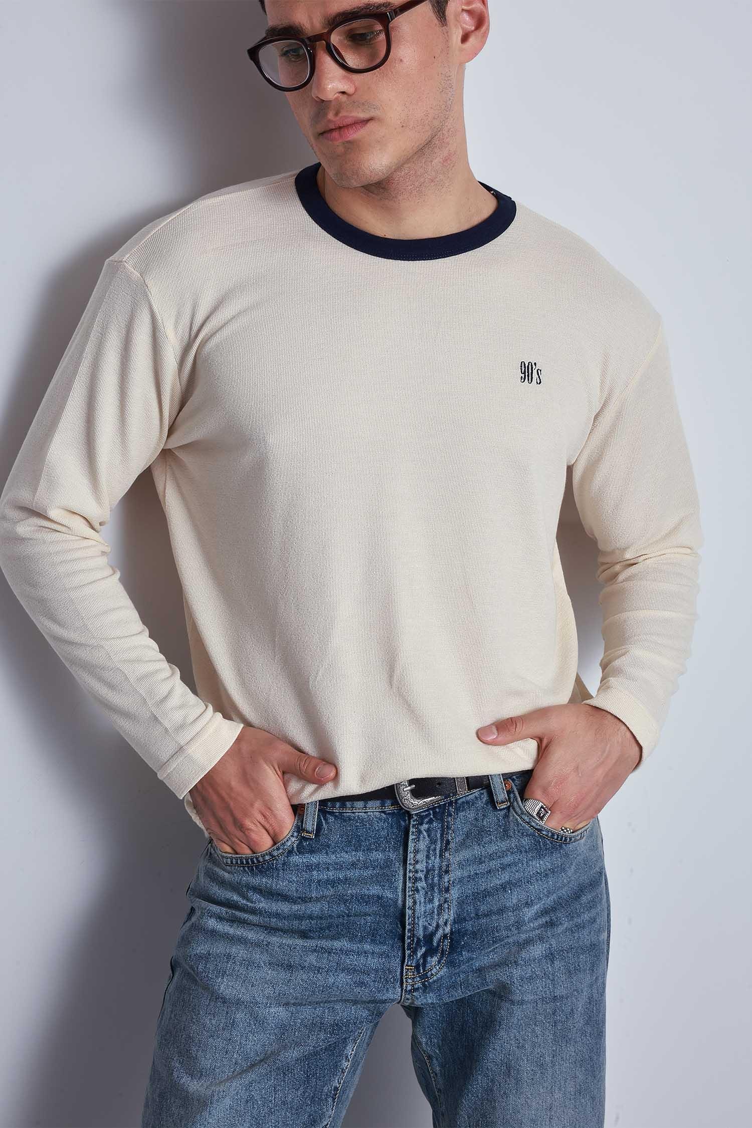 Erkek Kontrast Detaylı Oversize Basic Sweatshirt Krem