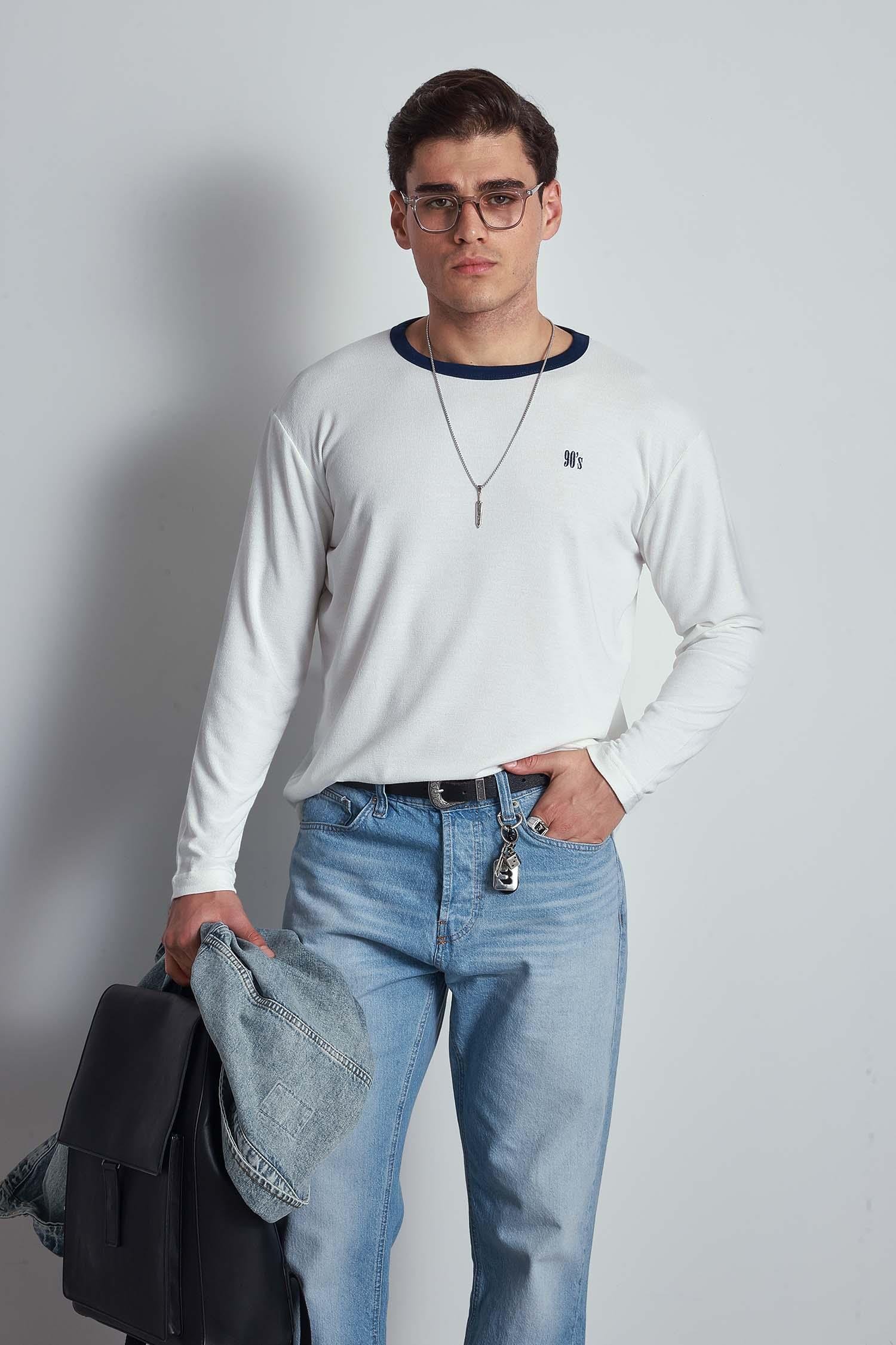 Erkek Kontrast Detaylı Oversize Basic Sweatshirt Ekru