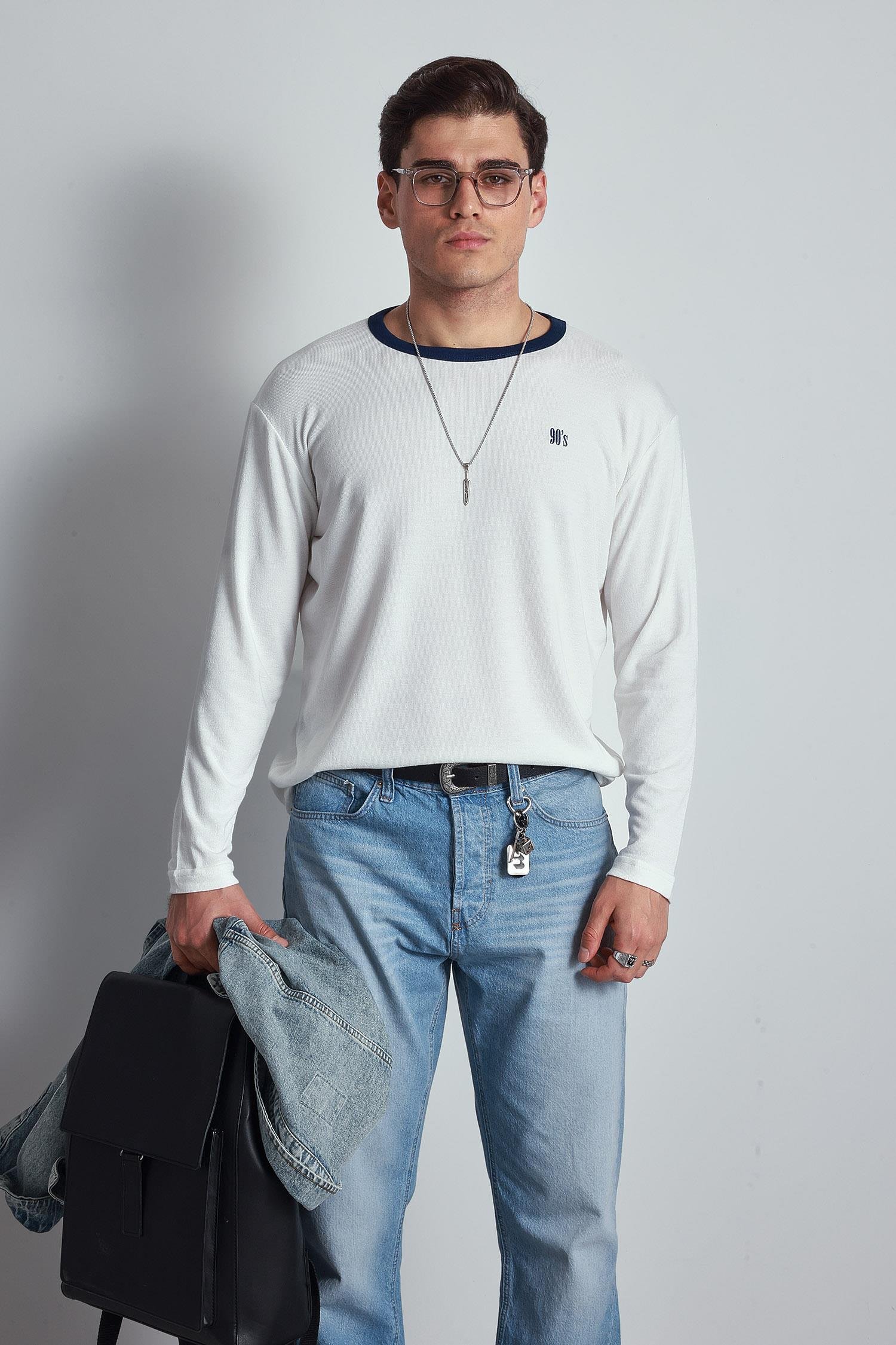 Erkek Kontrast Detaylı Oversize Basic Sweatshirt Ekru