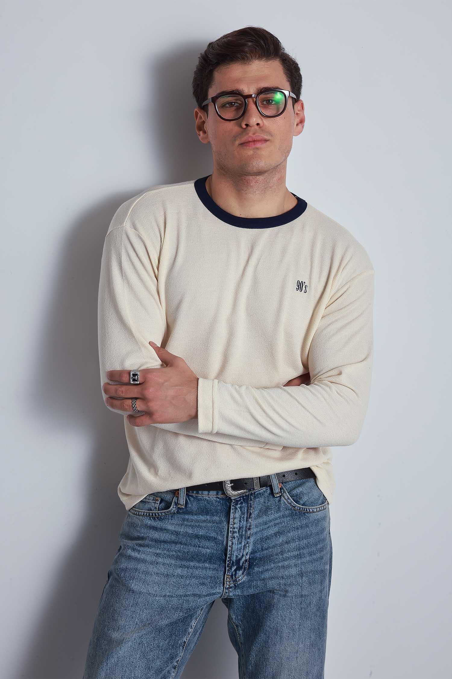 Erkek Kontrast Detaylı Oversize Basic Sweatshirt Krem