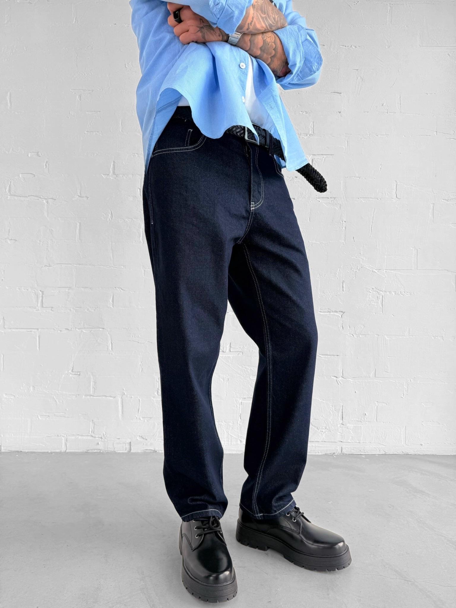Erkek Kontrast Dikişli Baggy Fit Jean Pantolon Lacivert