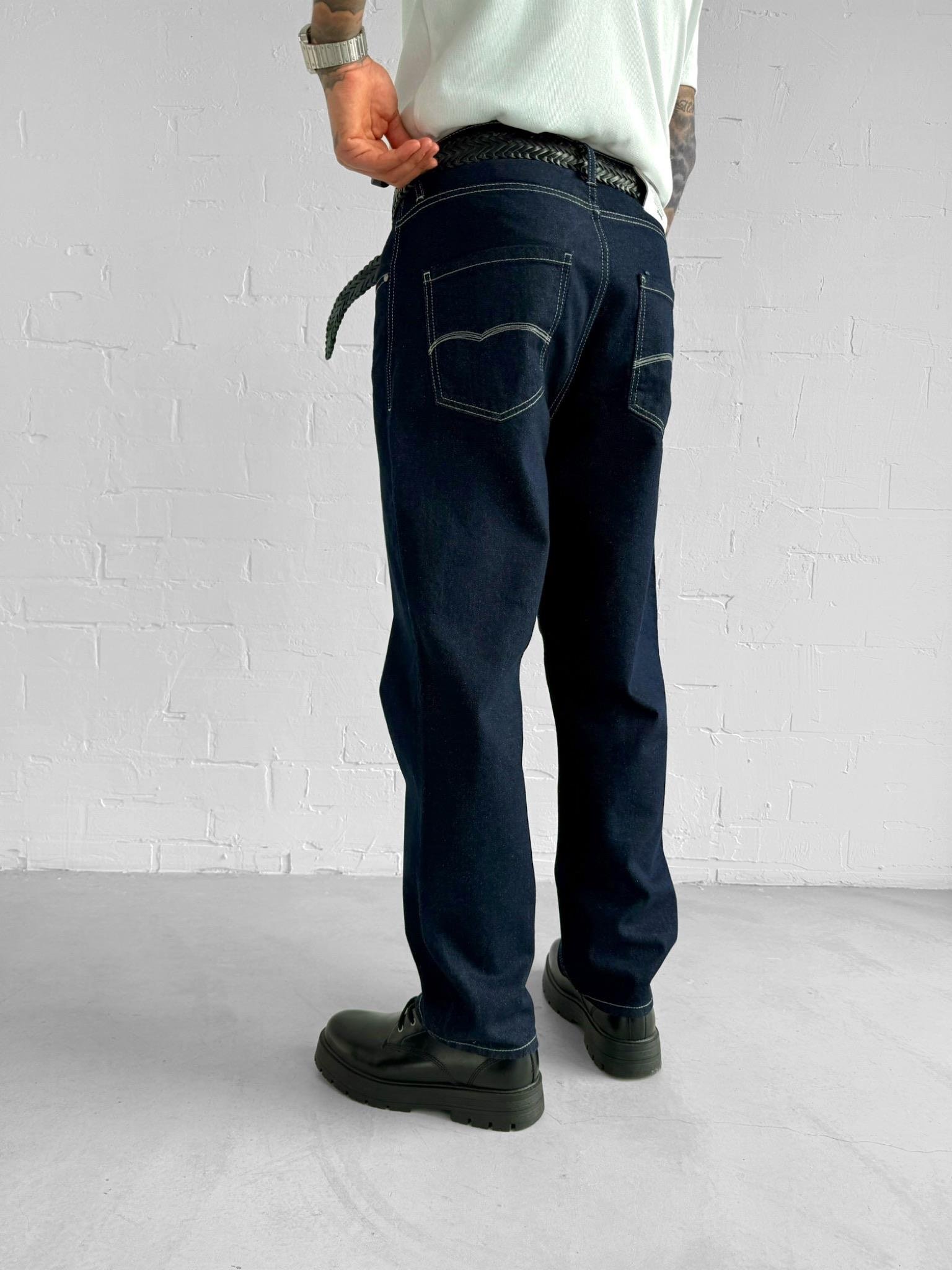 Erkek Kontrast Dikişli Baggy Fit Jean Pantolon Lacivert