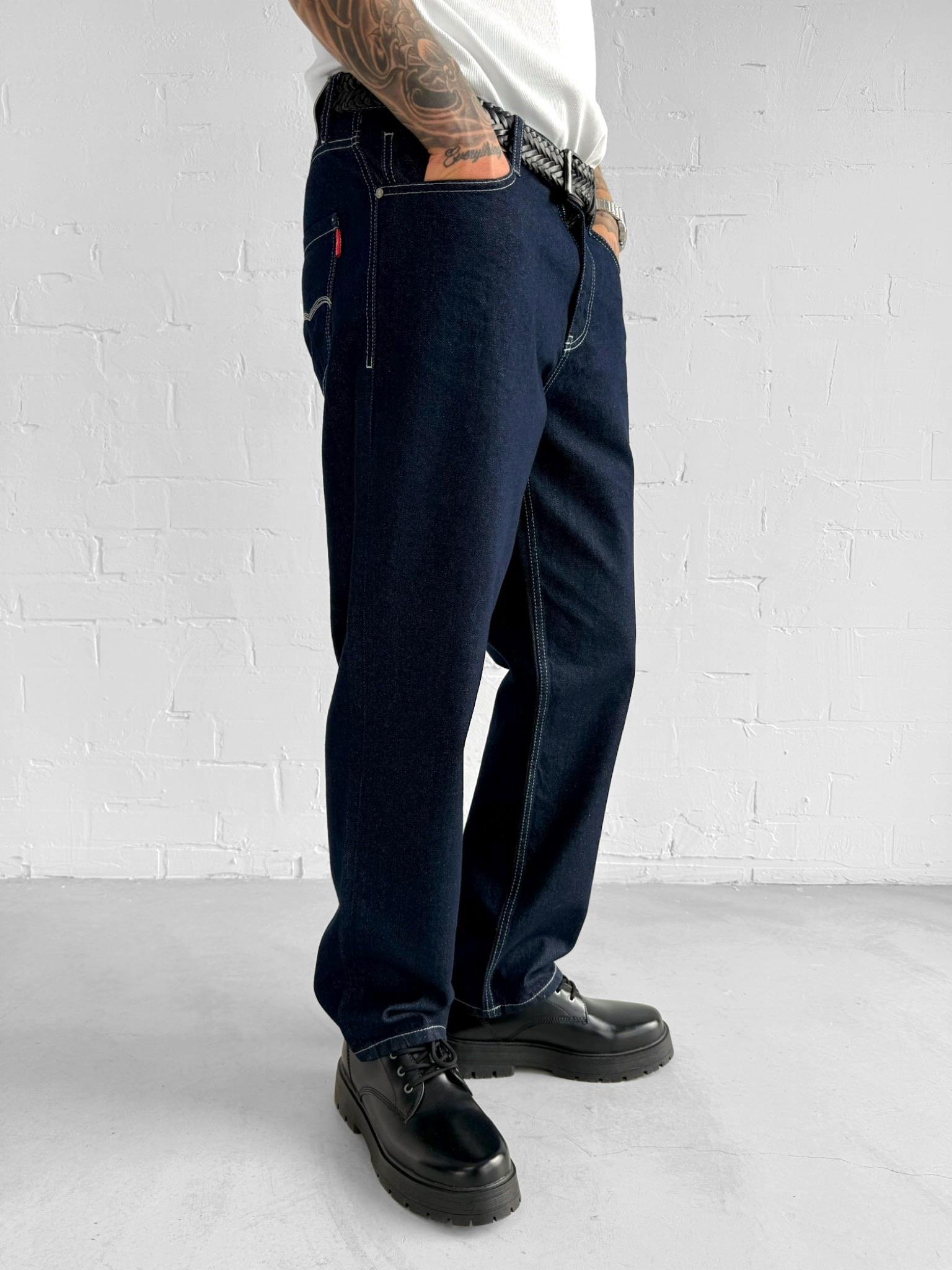 Erkek Kontrast Dikişli Baggy Fit Jean Pantolon Lacivert