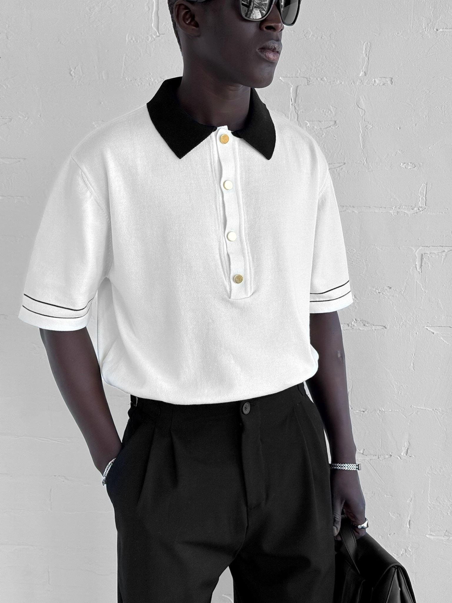 Erkek Kontrast Polo Yaka Premium Regular Fit T-Shirt Beyaz