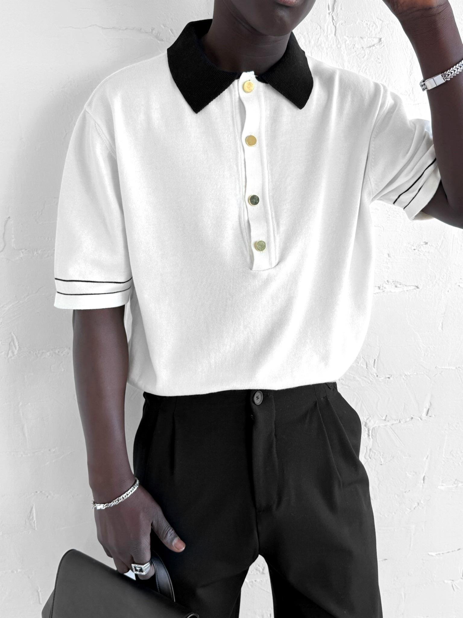 Erkek Kontrast Polo Yaka Premium Regular Fit T-Shirt Beyaz