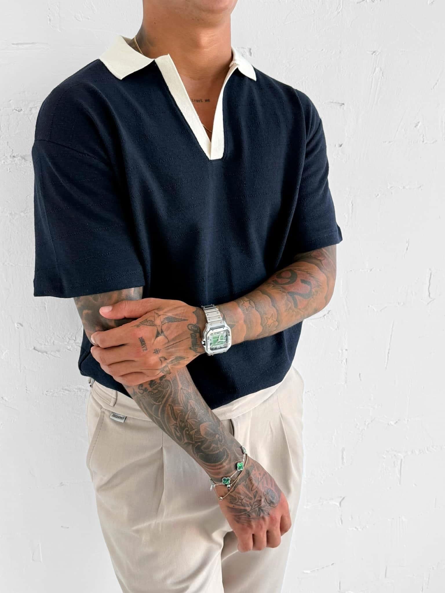 Erkek Kontrast V Yaka Relax Fit T-Shirt Lacivert