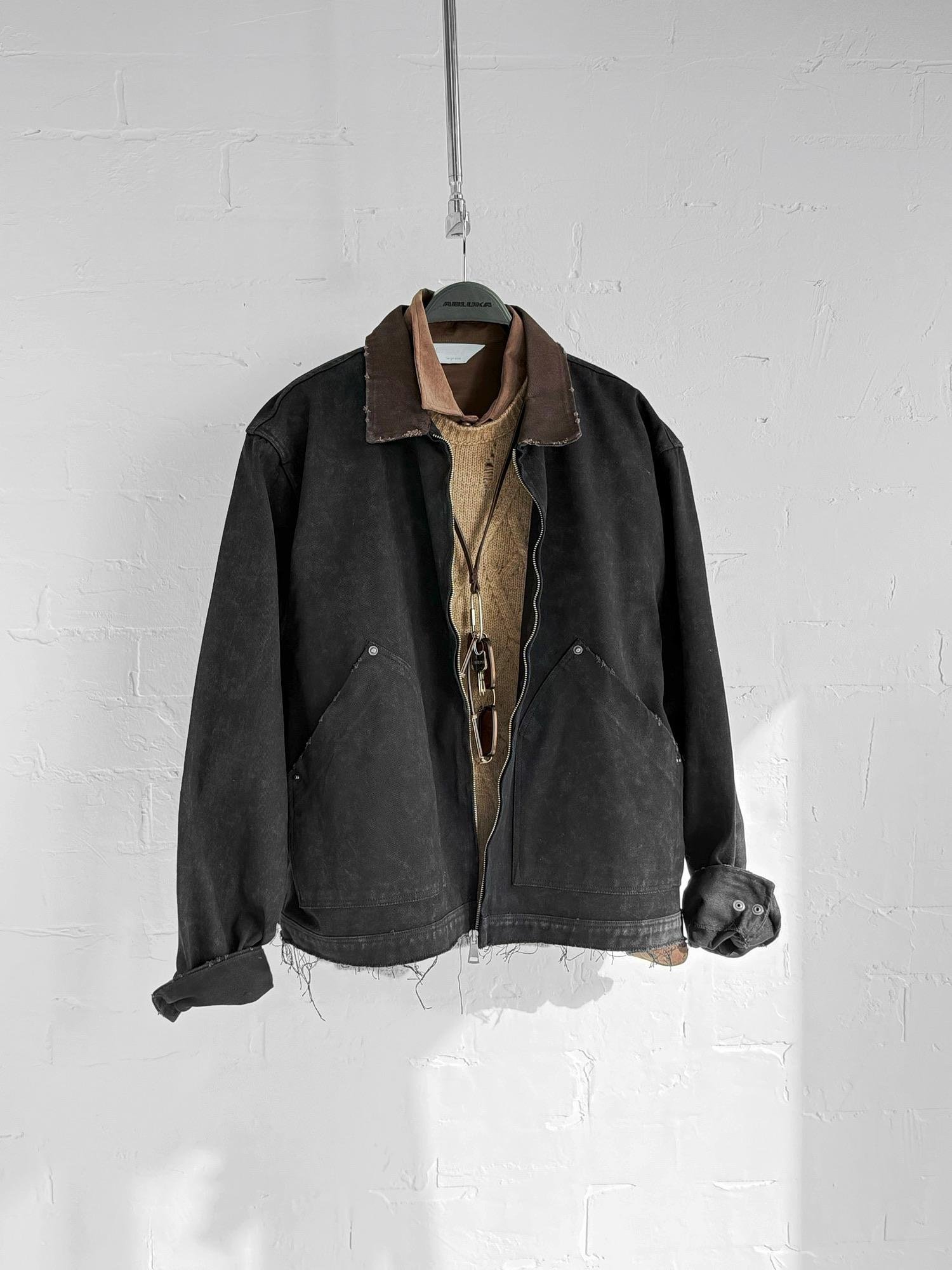 Erkek Kontrast Yaka Yıkamalı Relax Fit Ceket Siyah