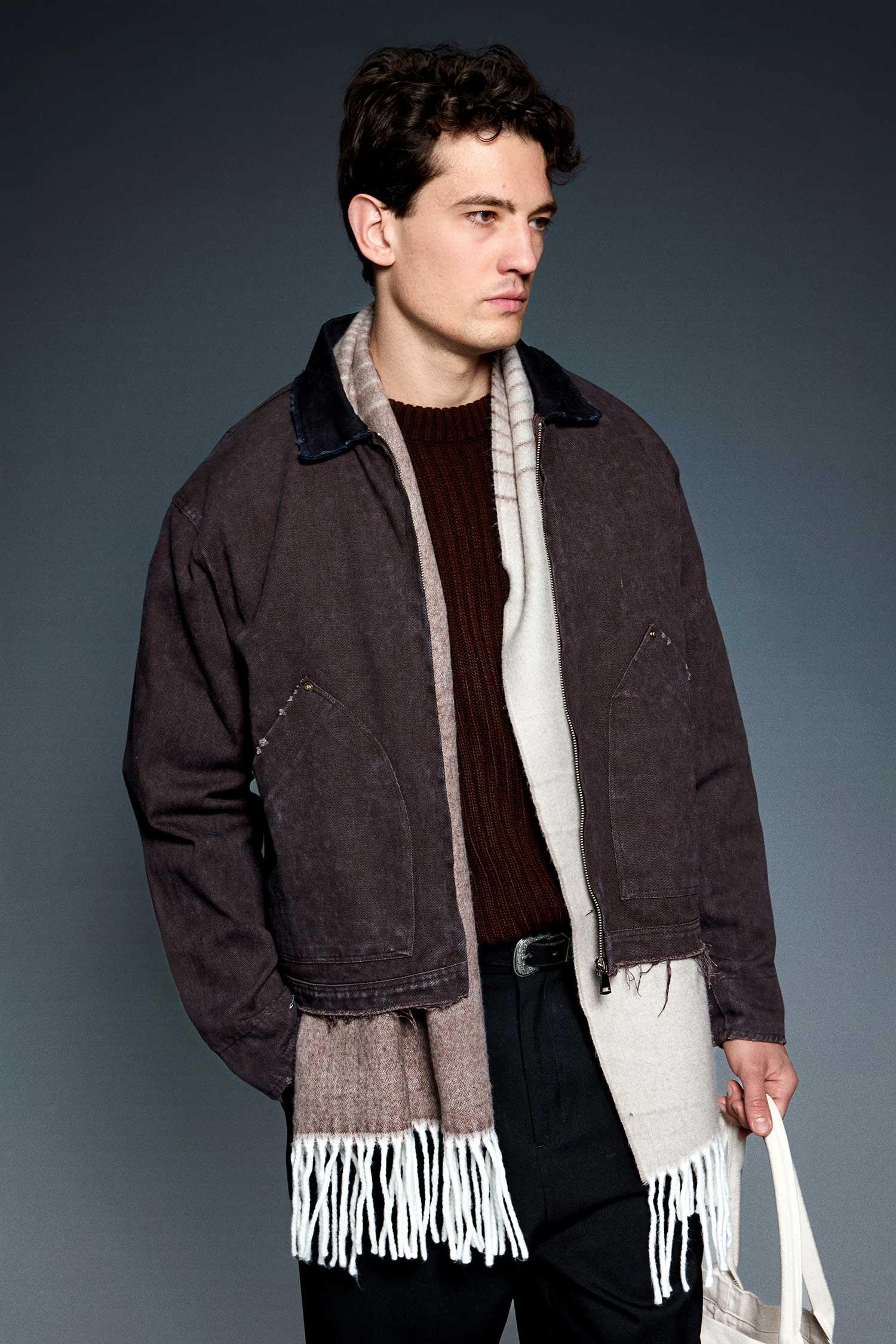 Erkek Kontrast Yaka Yıkamalı Relax Fit Ceket Kahverengi