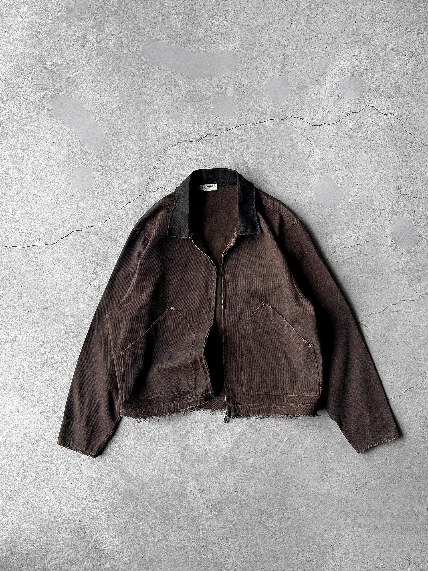 Erkek Kontrast Yaka Yıkamalı Relax Fit Ceket Kahverengi