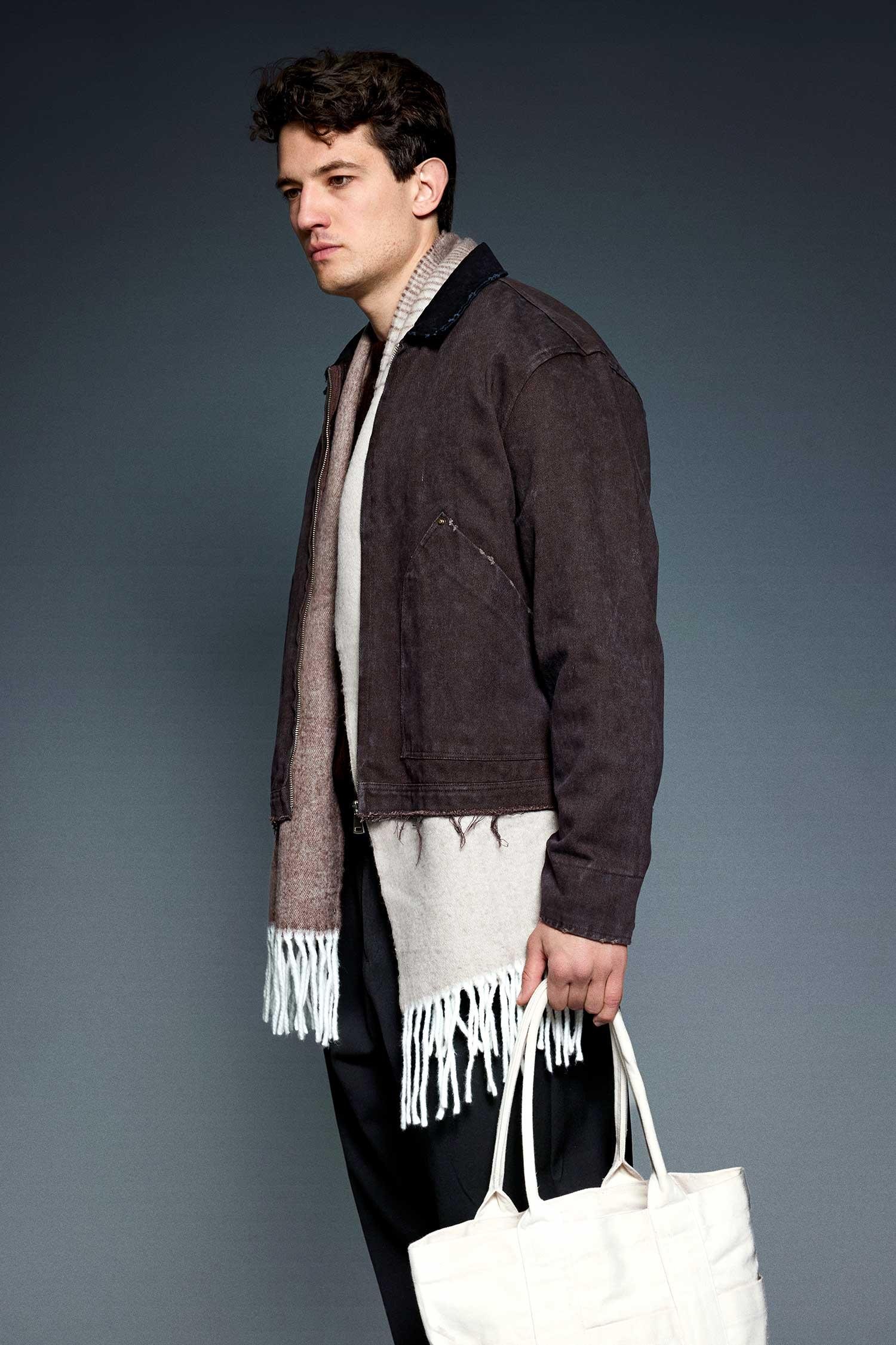 Erkek Kontrast Yaka Yıkamalı Relax Fit Ceket Kahverengi