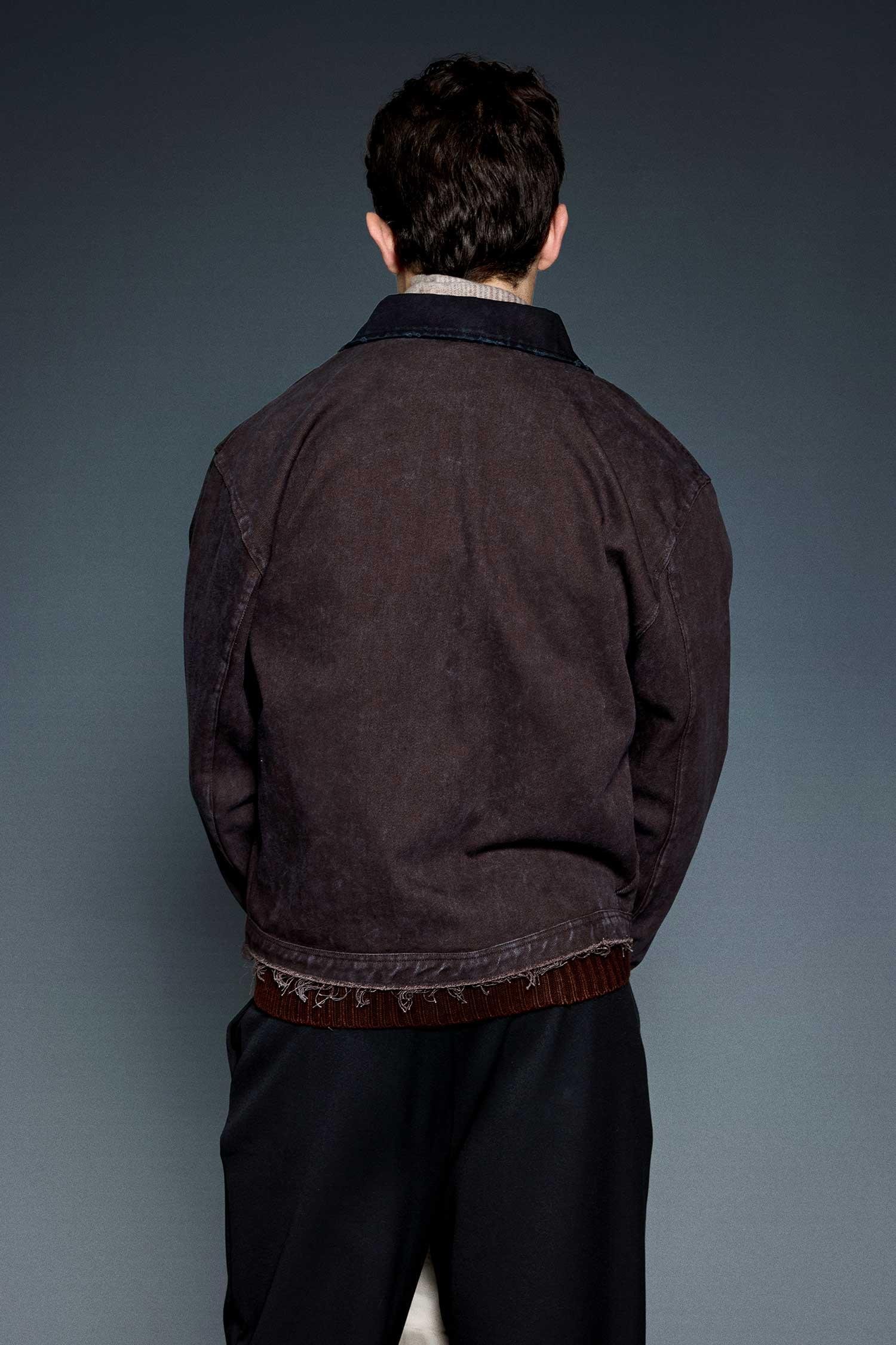 Erkek Kontrast Yaka Yıkamalı Relax Fit Ceket Kahverengi