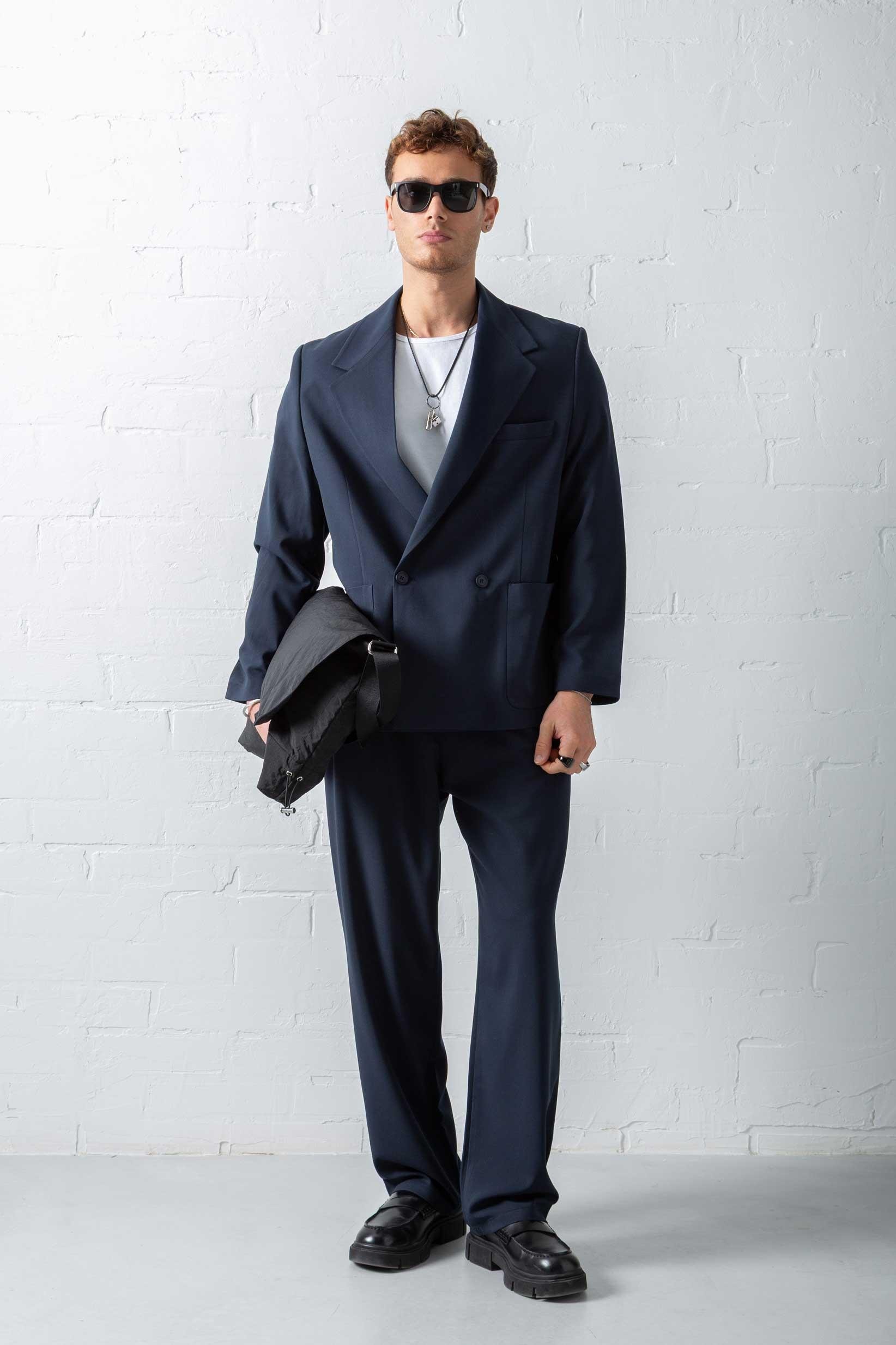Erkek Kruvaze Düğmeli Takım Elbise Lacivert