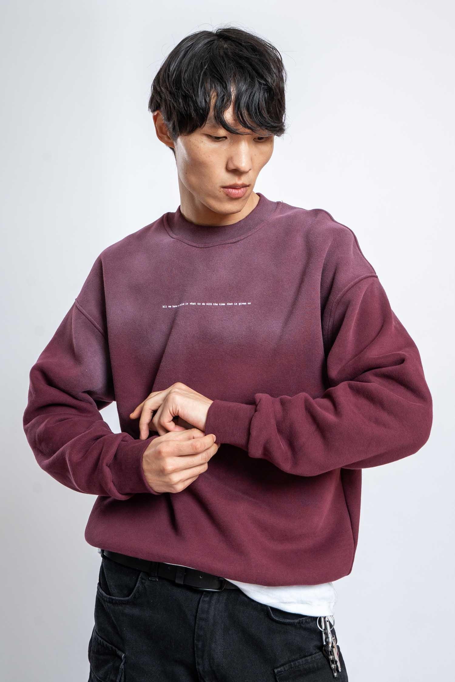 Erkek Minimal Yazı Detaylı Yıkamalı Sweatshirt Bordo