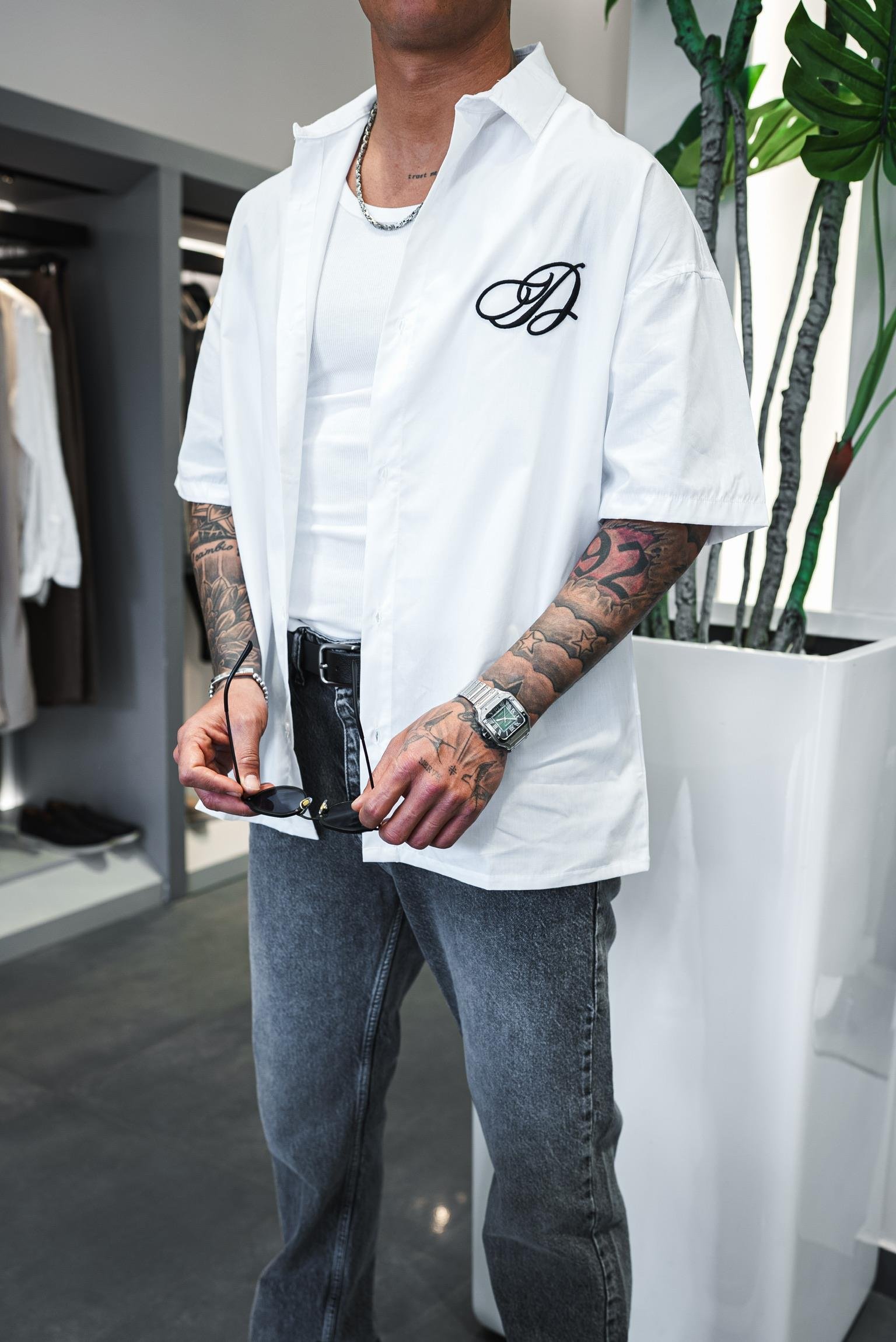 Erkek Nakışlı Kısa Kollu Oversize Gömlek Beyaz