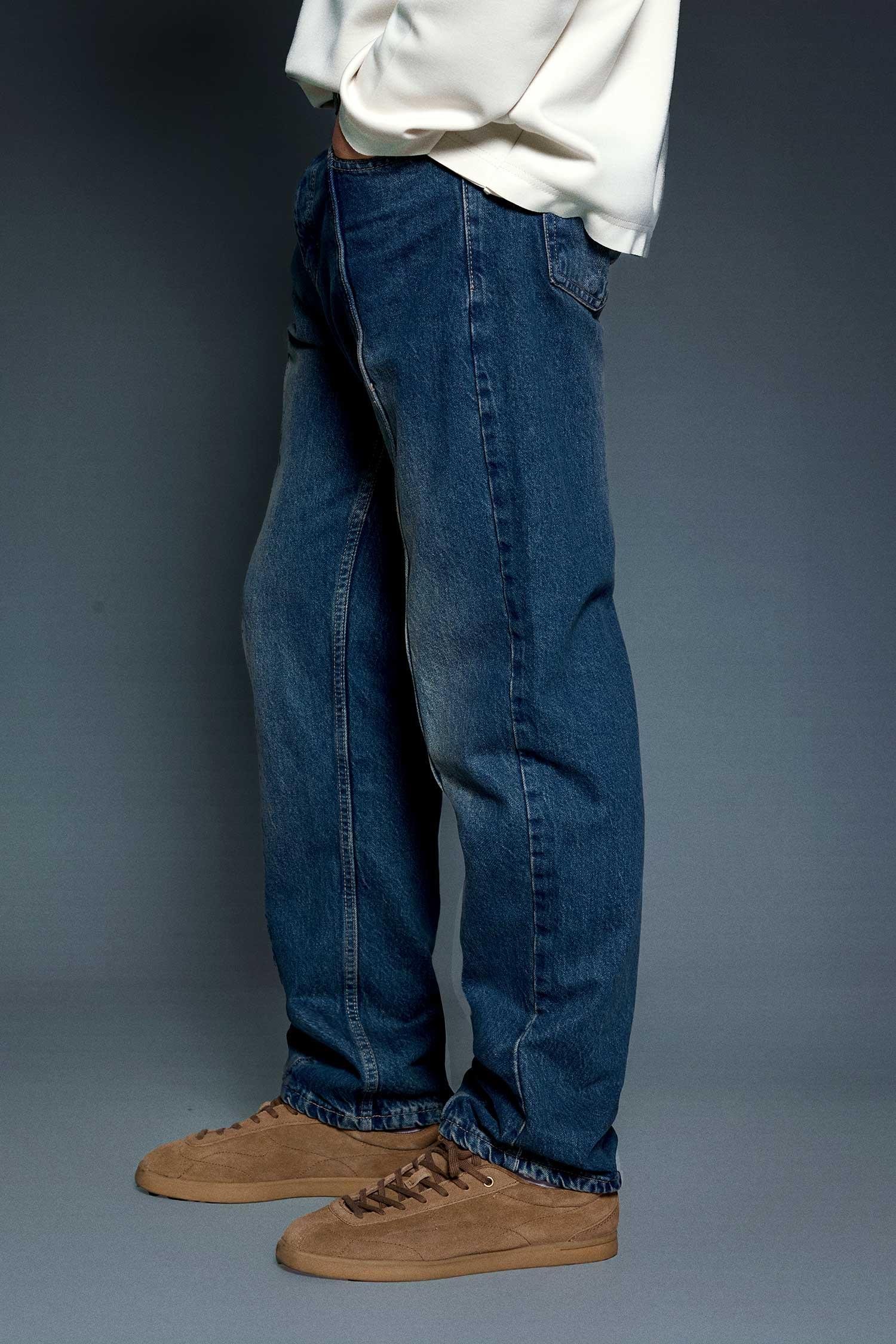 Erkek Ön Dikiş Detaylı Yıkamalı Baggy Jean Koyu Mavi