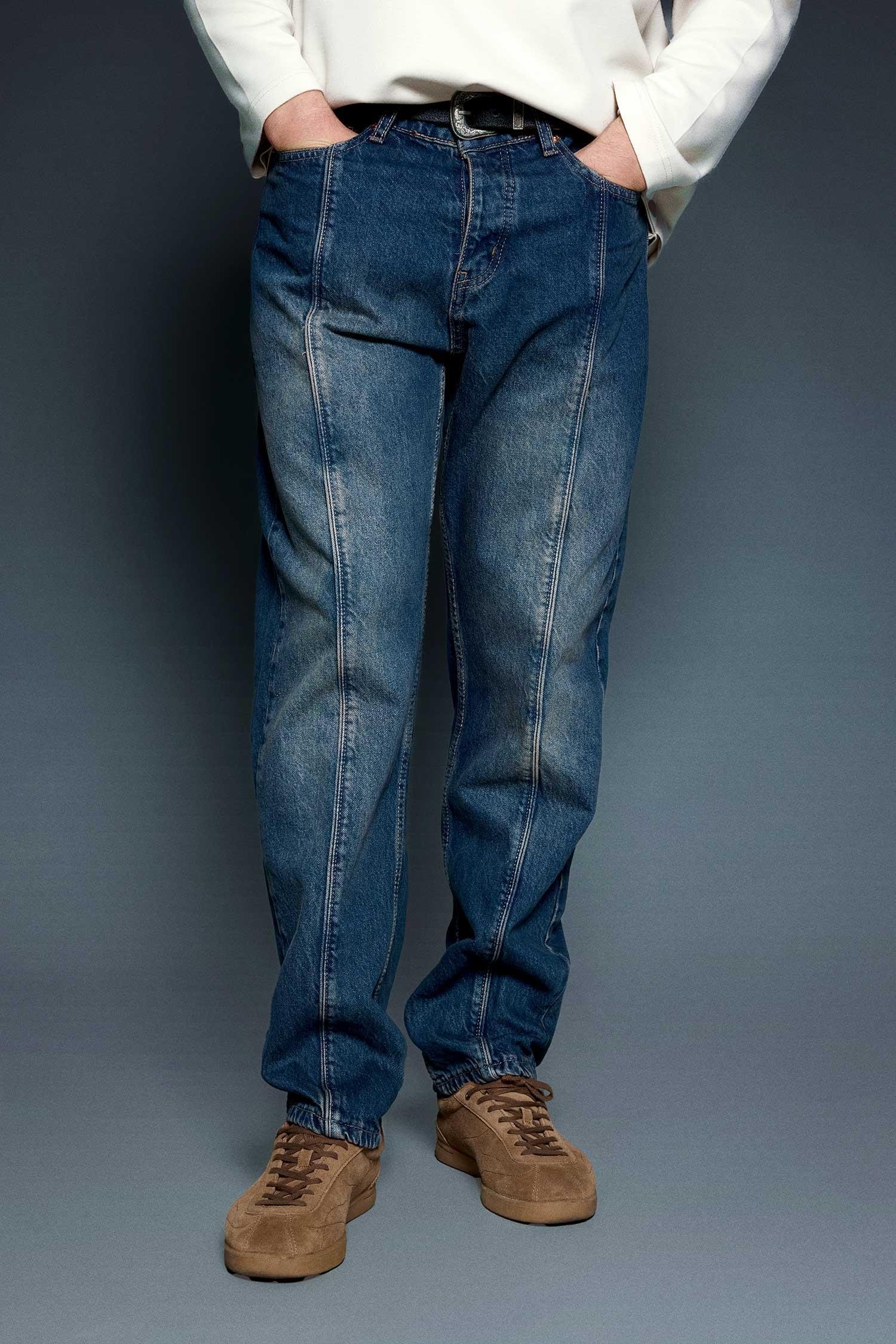 Erkek Ön Dikiş Detaylı Yıkamalı Baggy Jean Koyu Mavi