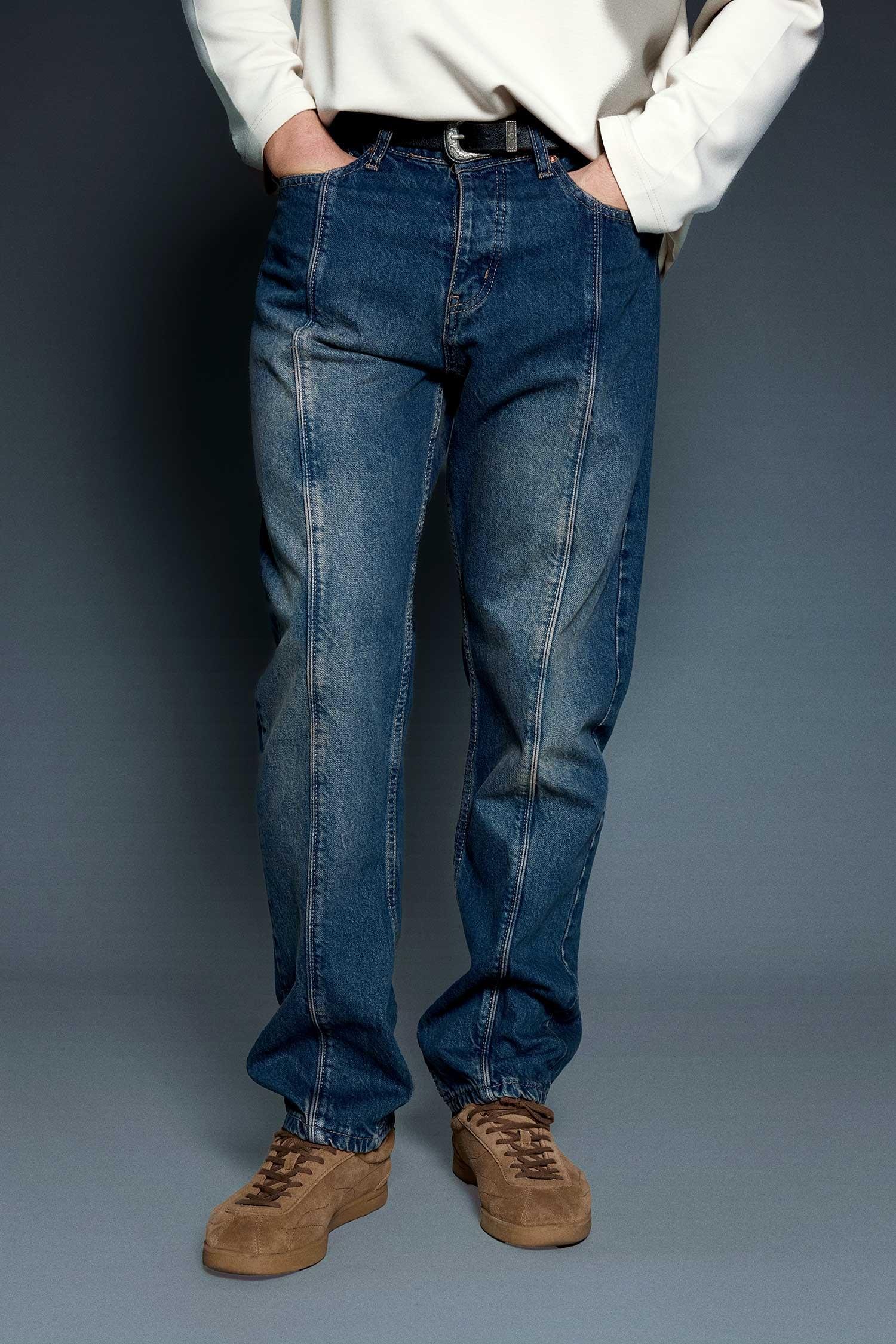 Erkek Ön Dikiş Detaylı Yıkamalı Baggy Jean Koyu Mavi