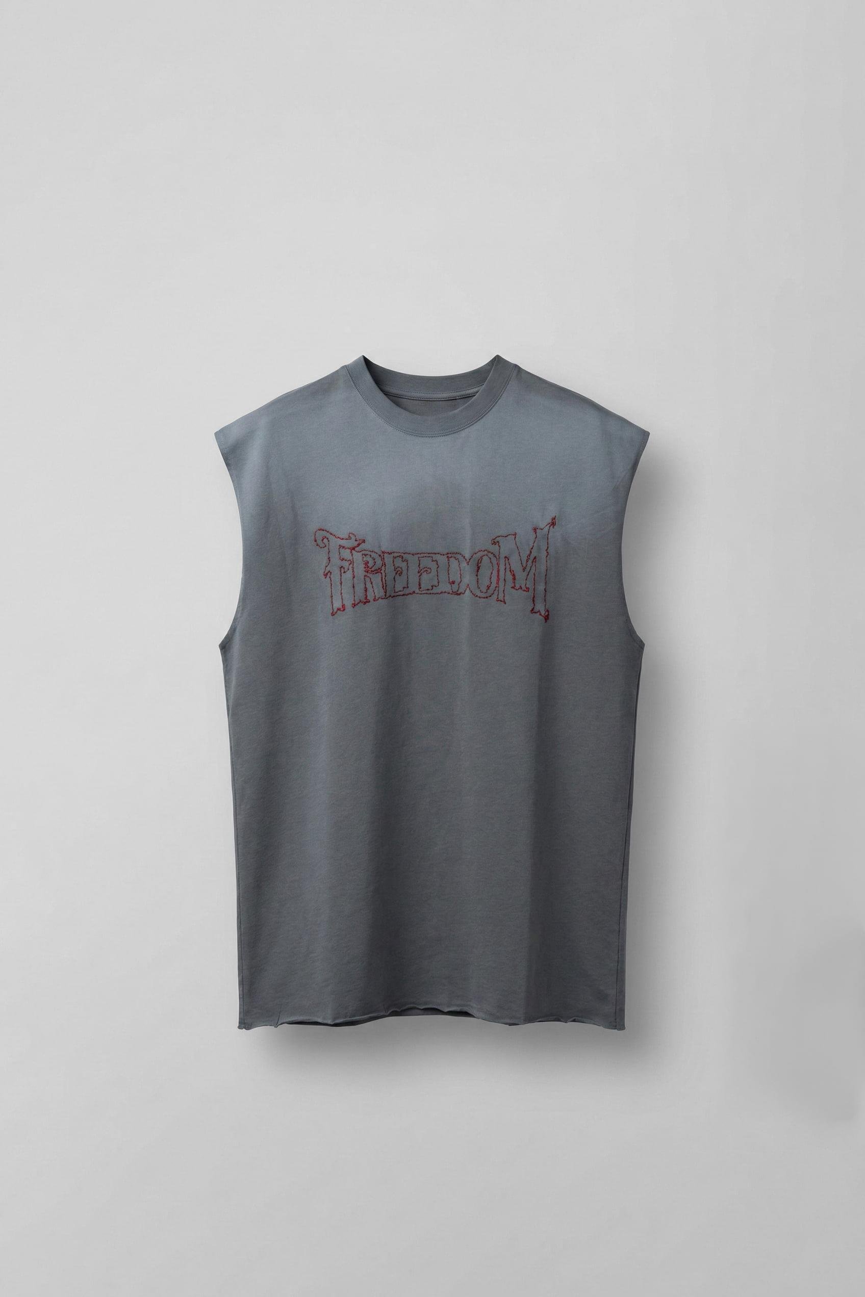 Erkek Önü İşlemeli Oversize Yıkamalı Kolsuz T-Shirt Füme