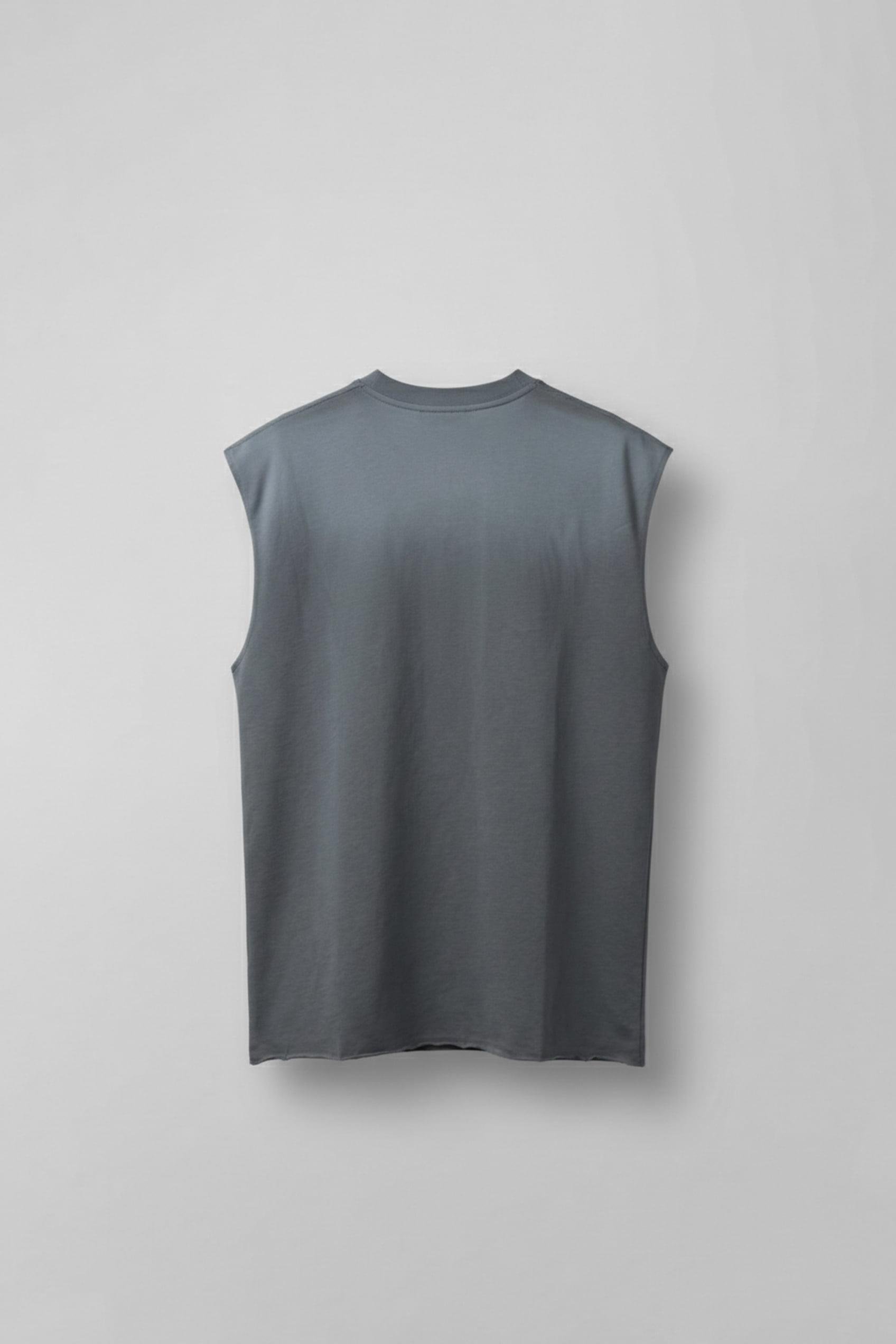 Erkek Önü İşlemeli Oversize Yıkamalı Kolsuz T-Shirt Füme