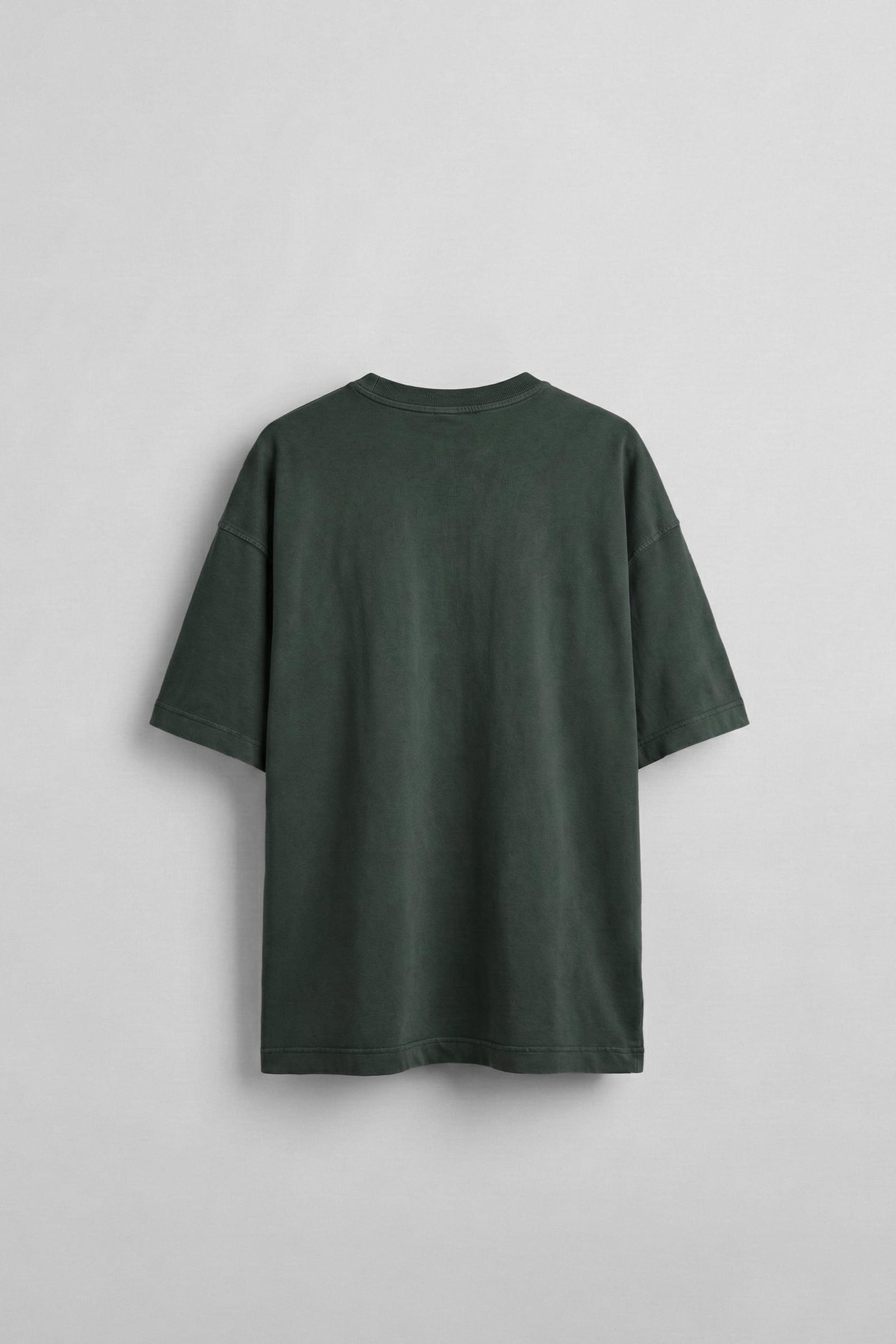 Erkek Önü Slogan İşlemeli Yıkamalı Oversize T-Shirt Yeşil