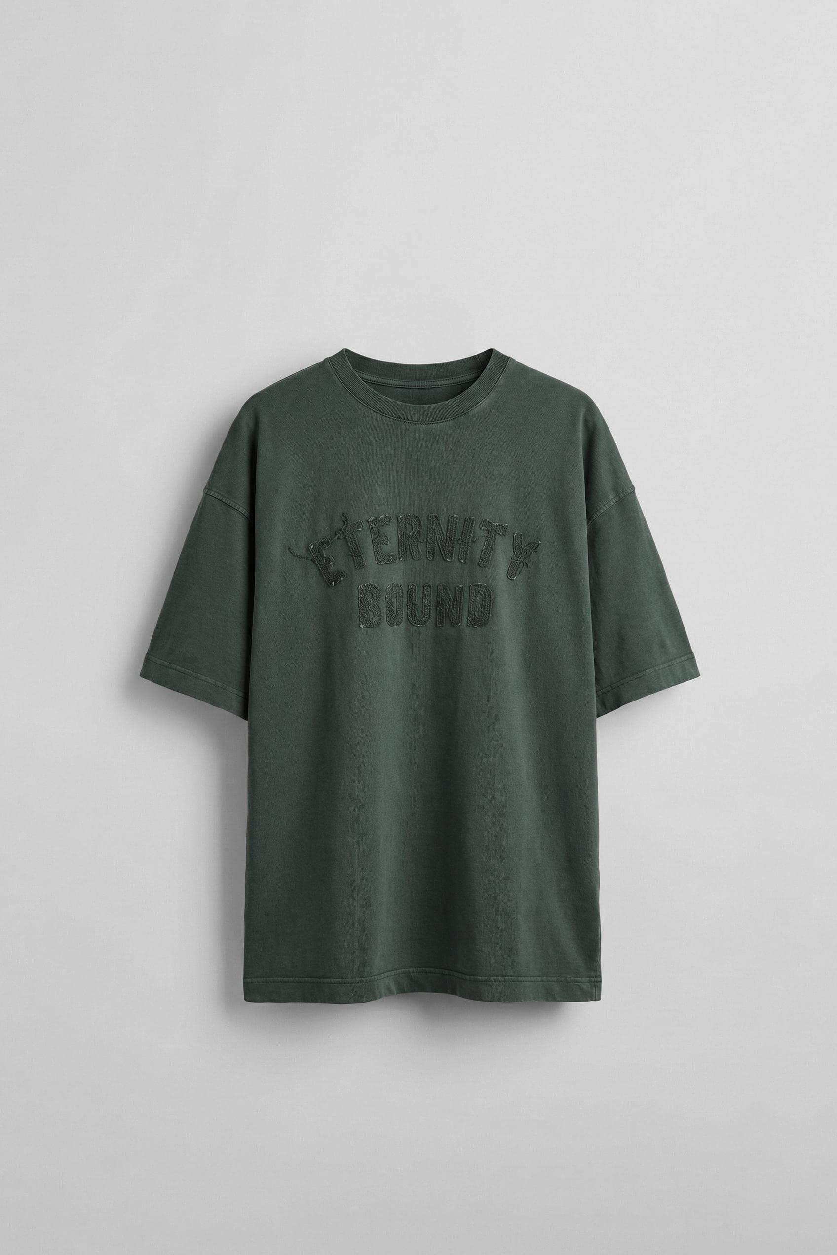 Erkek Önü Slogan İşlemeli Yıkamalı Oversize T-Shirt Yeşil