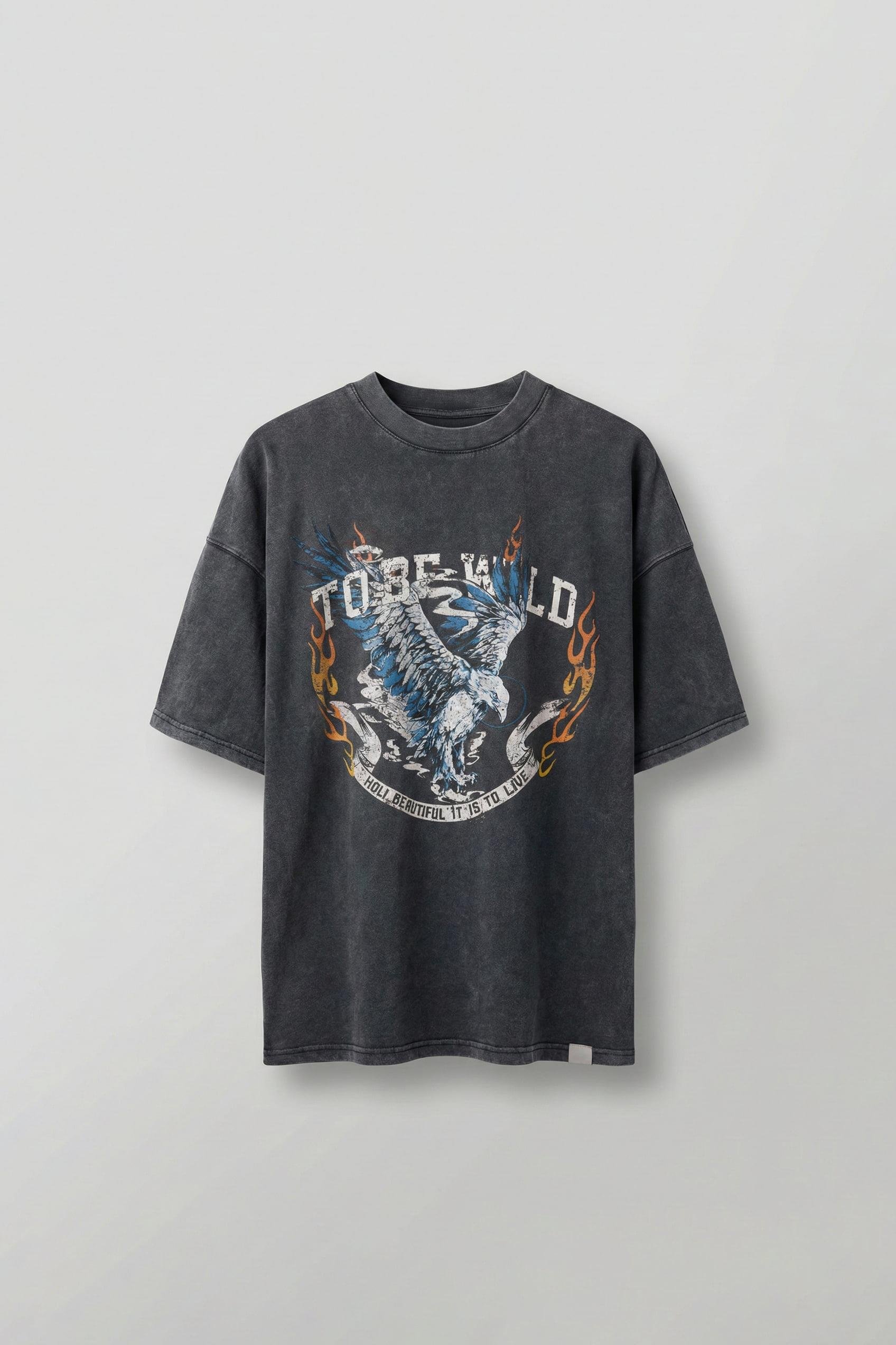 Erkek Oversize %100 Pamuk Yıkamalı To Be Wild Baskılı T-Shirt Koyu Gri