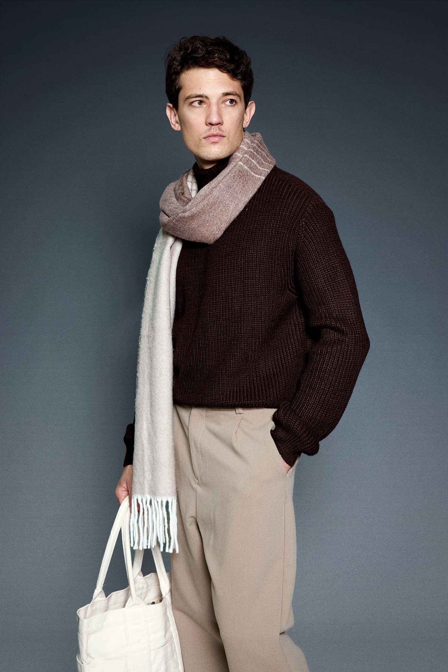 Erkek Oversize Balıkçı Yaka Boğazlı Kazak Kahverengi