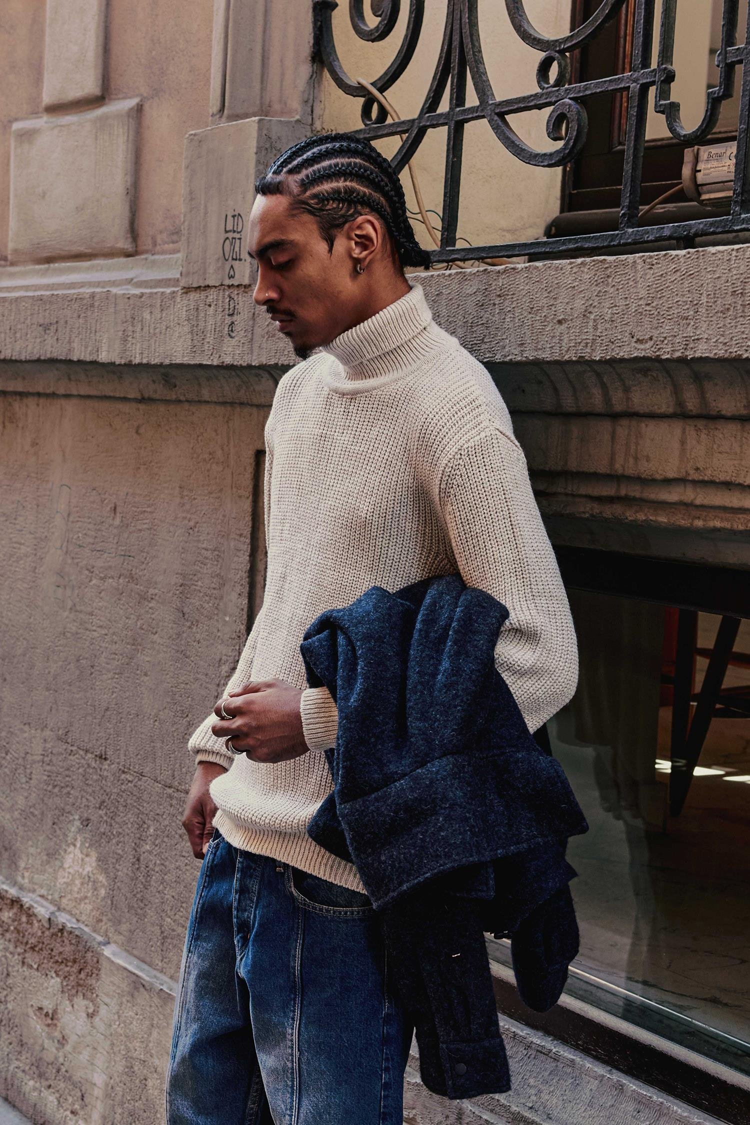 Erkek Oversize Balıkçı Yaka Boğazlı Kazak Bej