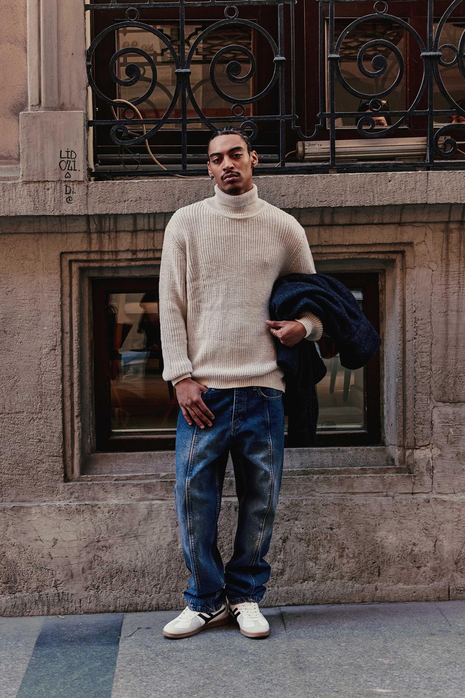 Erkek Oversize Balıkçı Yaka Boğazlı Kazak Bej