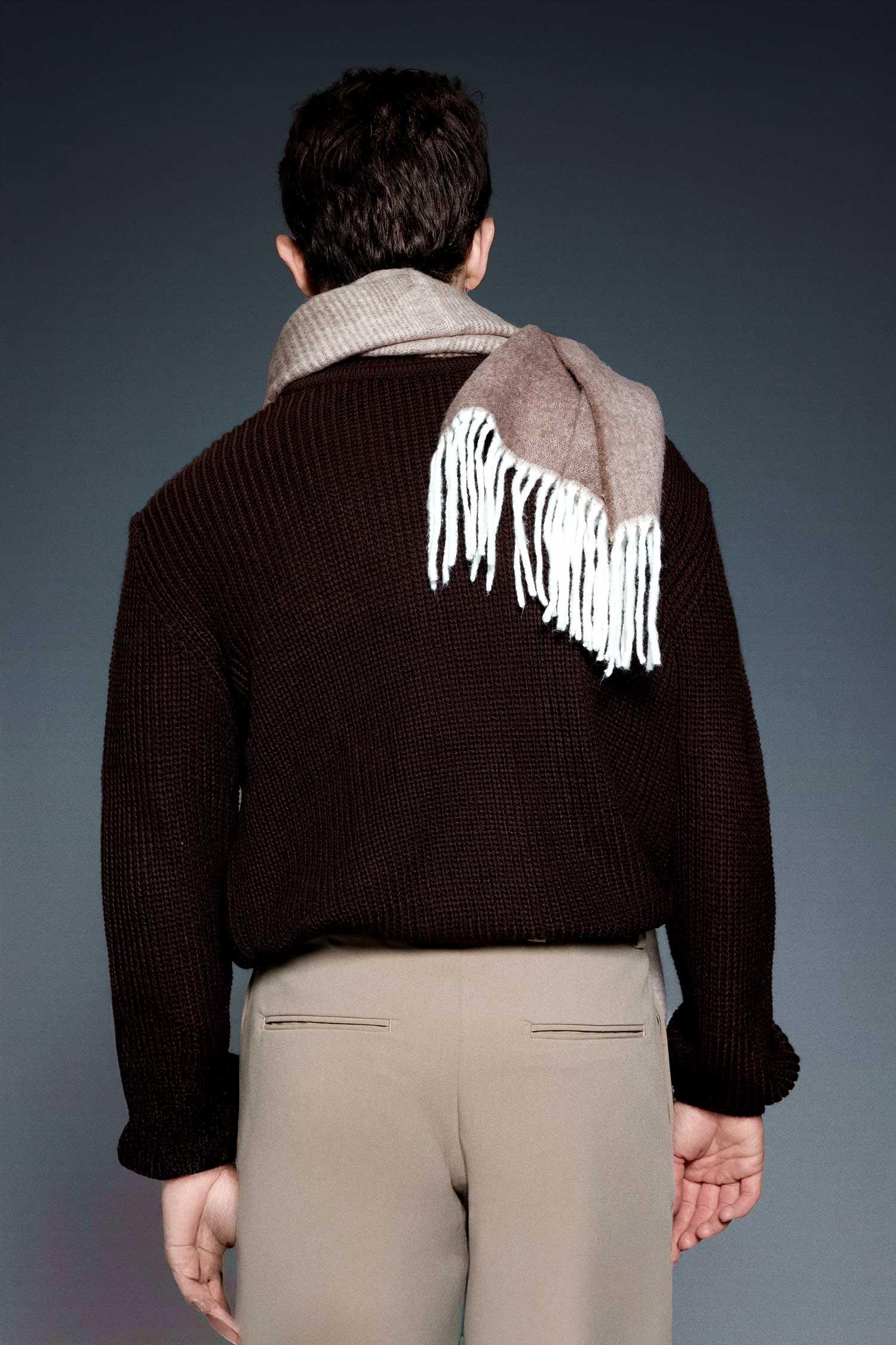 Erkek Oversize Balıkçı Yaka Boğazlı Kazak Kahverengi