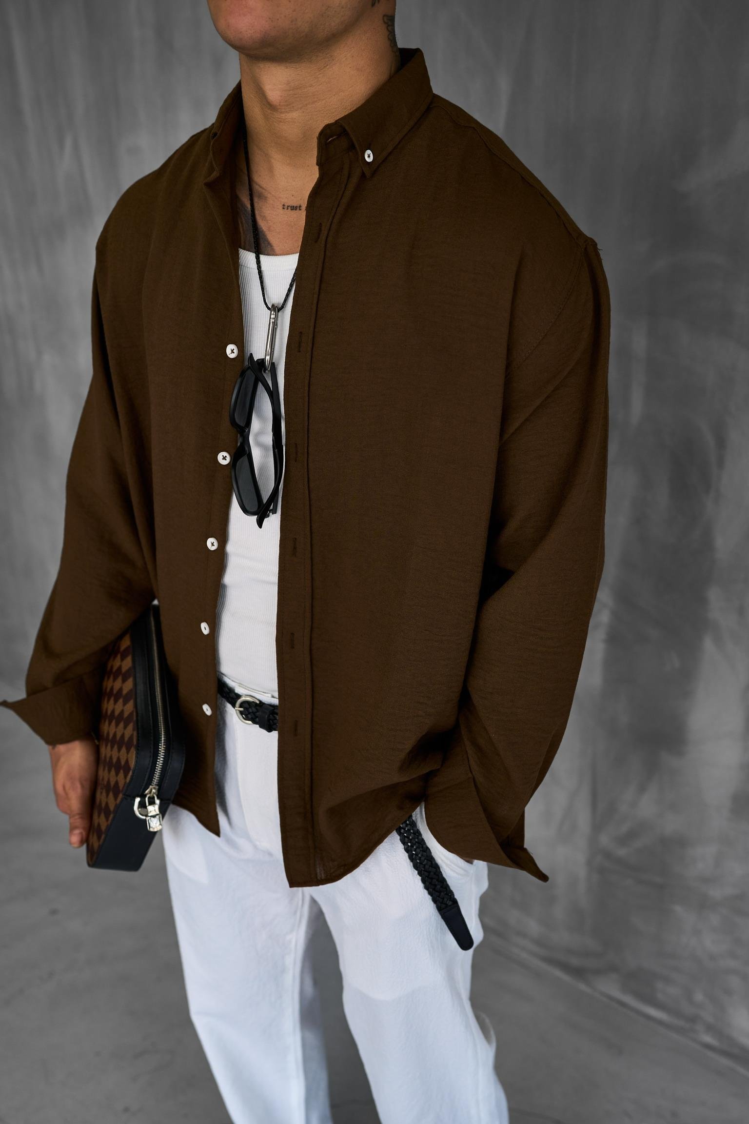 Erkek Oversize Basic Rahat Gömlek Kahverengi