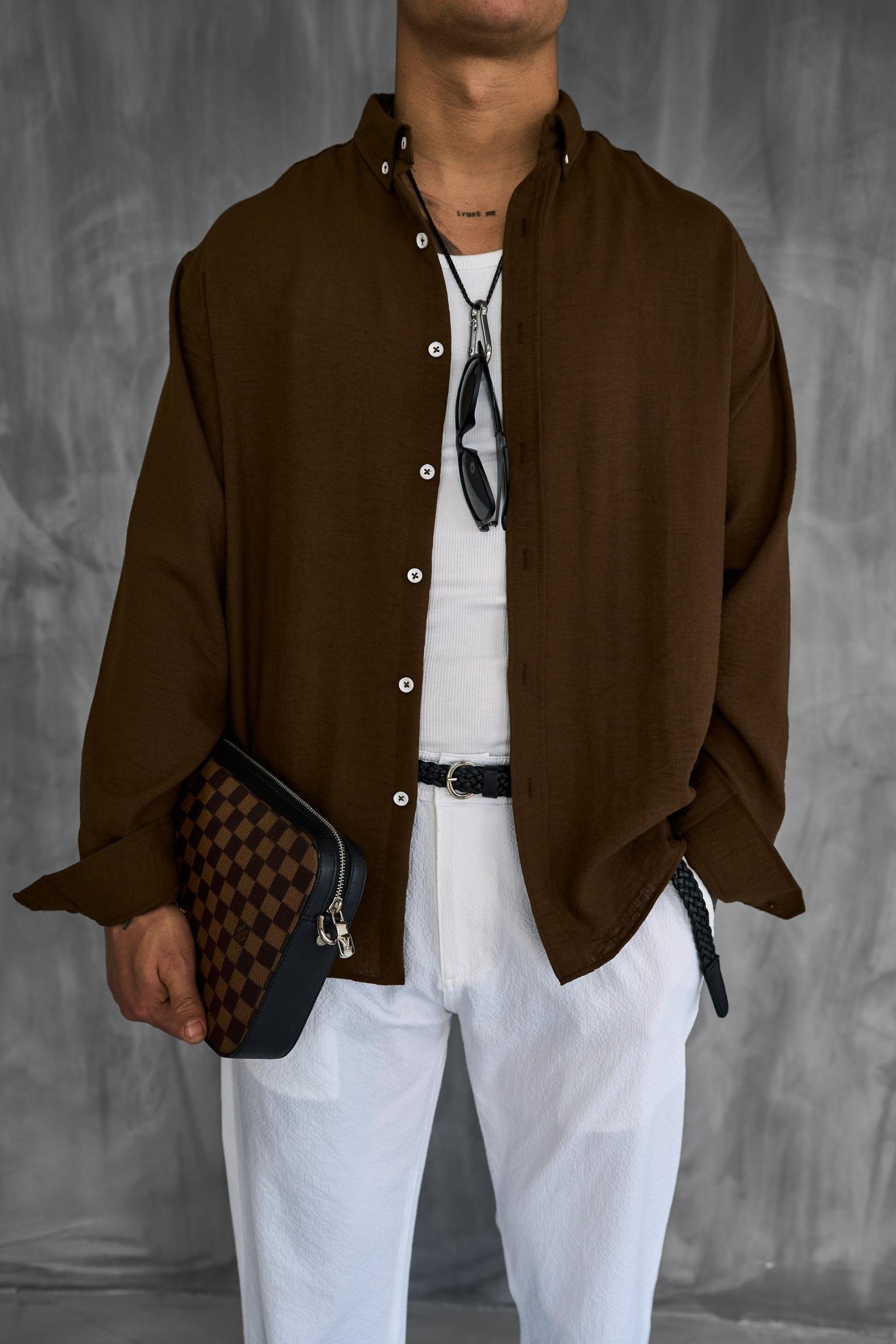 Erkek Oversize Basic Rahat Gömlek Kahverengi