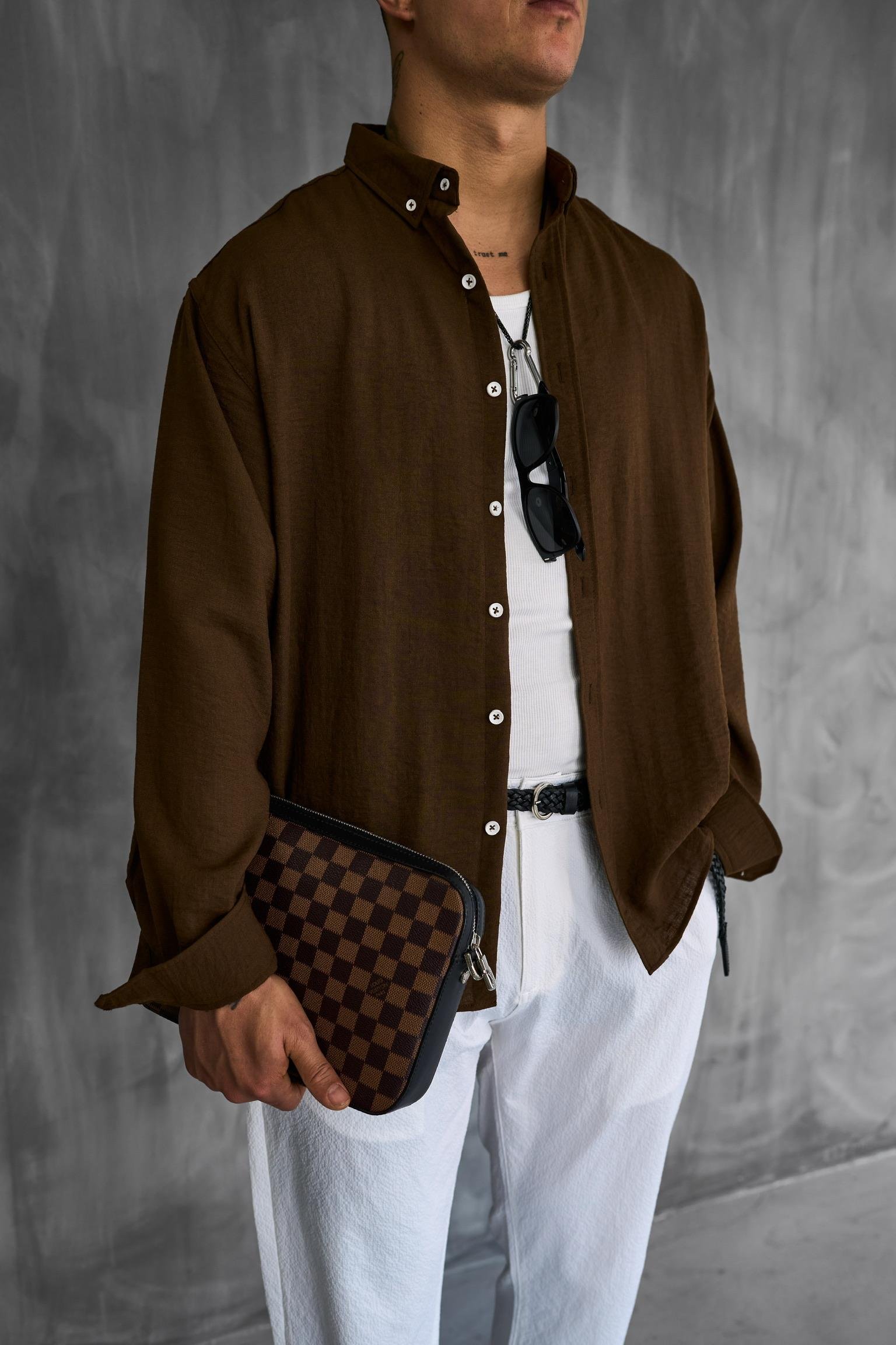 Erkek Oversize Basic Rahat Gömlek Kahverengi