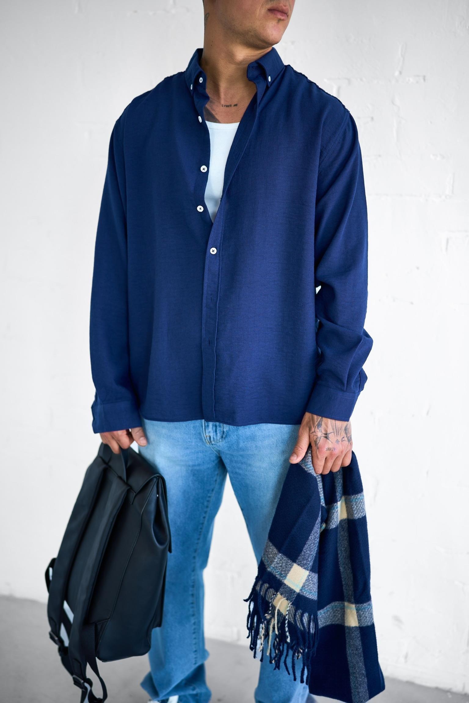 Erkek Oversize Basic Rahat Gömlek Lacivert