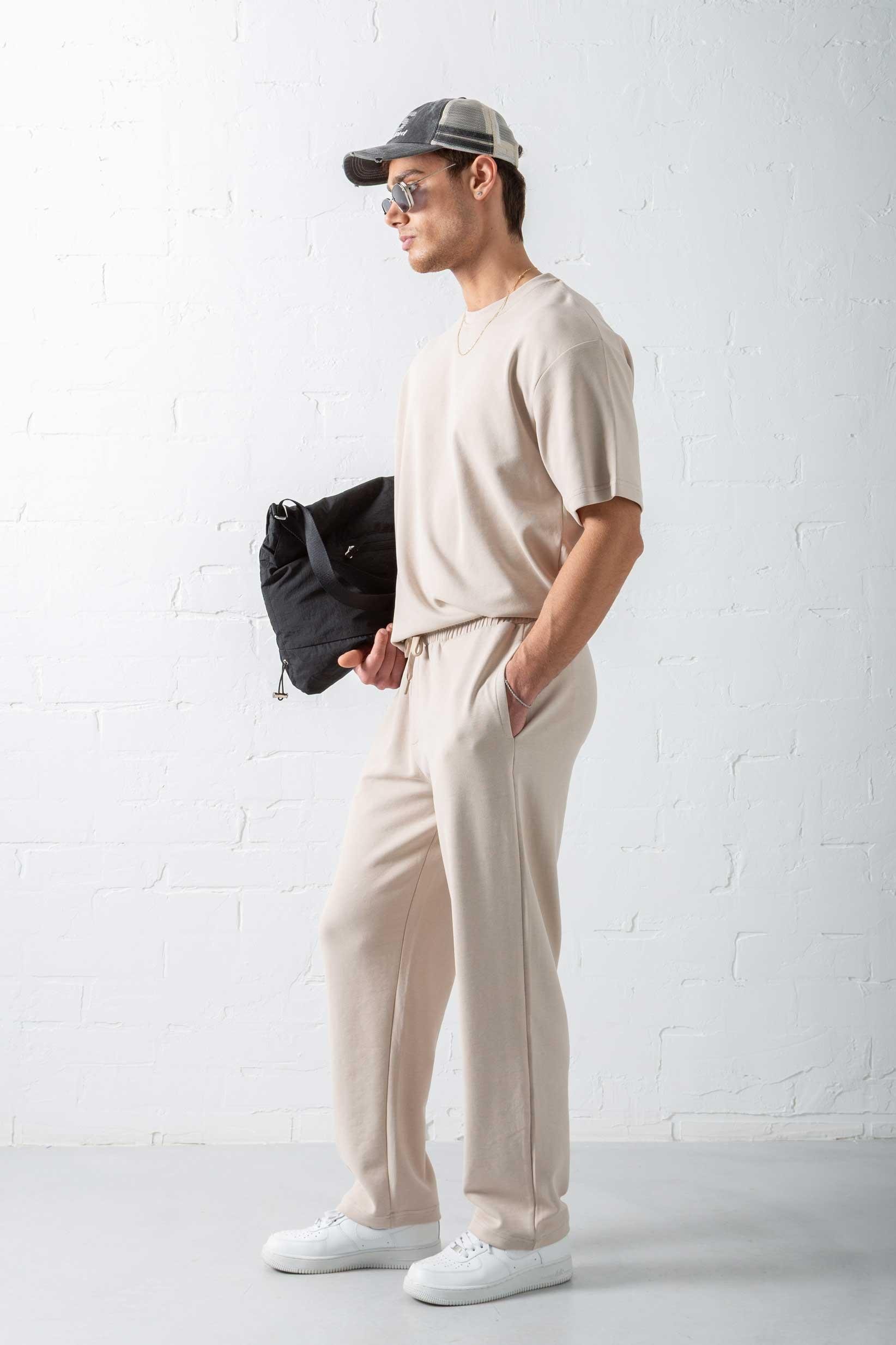 Erkek Oversize Basic Rahat T-Shirt Bej