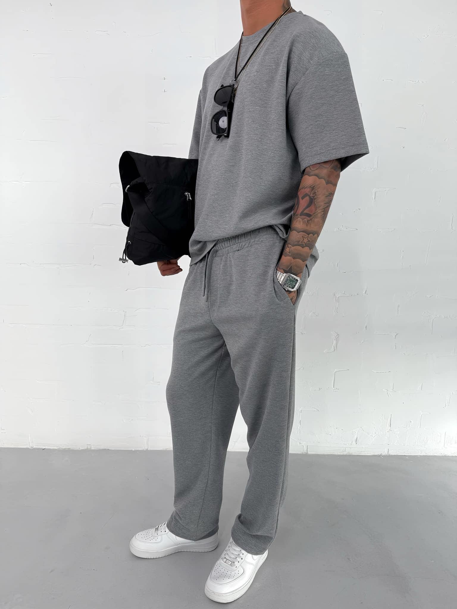 Erkek Oversize Basic Rahat T-Shirt Gri Melanj