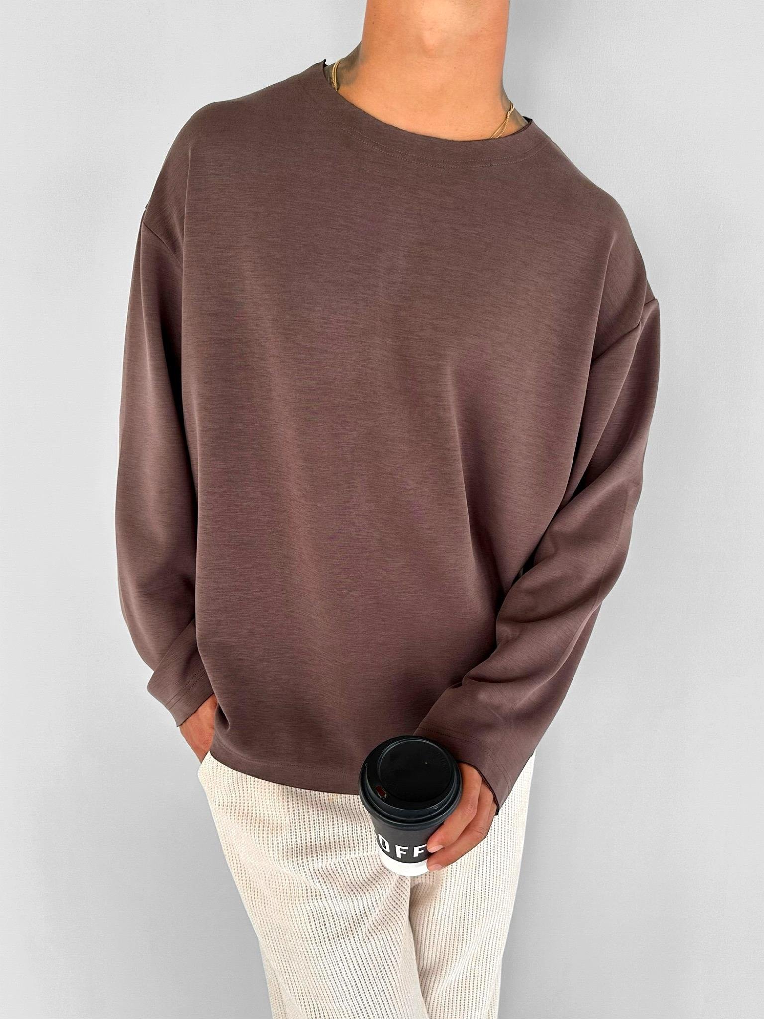 Erkek Oversize Basic Uzun Kollu Sweatshirt Kahverengi